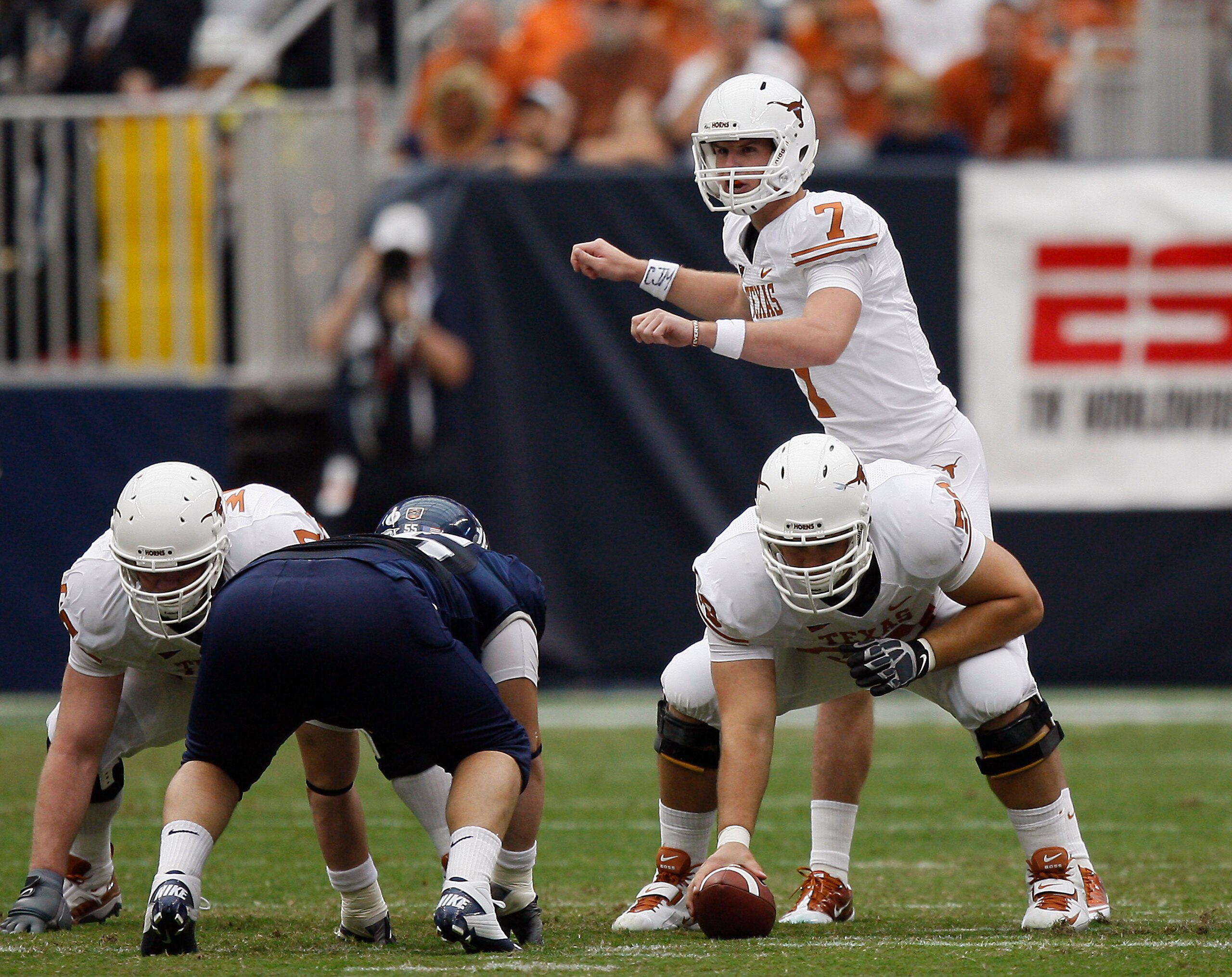 HOUSTON - SEPTEMBER 04:  Quarterback Garrett Gilbert #7 of the Texas Longhorns during game action against the Rice Owls at Reliant Stadium on September 4, 2010 in Houston, Texas. Texas won 34-17.  (Photo by Bob Levey/Getty Images)