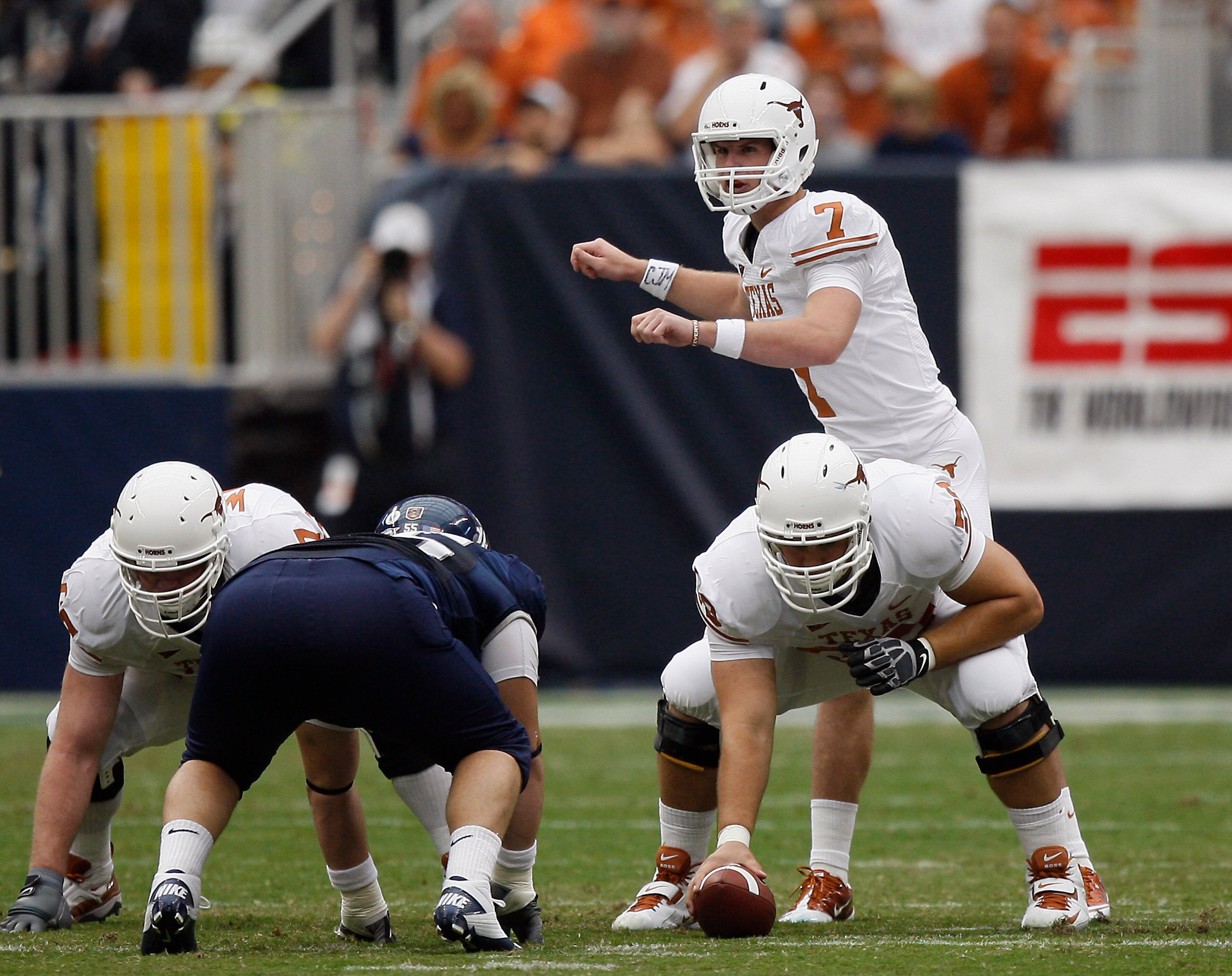 HOUSTON - SEPTEMBER 04: Quarterback Garrett Gilbert #7 of the Texas Longhorns during game action against the Rice Owls at Reliant Stadium on September 4, 2010 in Houston, Texas. Texas won 34-17. (Photo by Bob Levey/Getty Images) HOUSTON - SEPTEMBER 04: Quarterback Garrett Gilbert #7 of the Texas Longhorns during game action against the Rice Owls at Reliant Stadium on September 4, 2010 in Houston, Texas. Texas won 34-17. (Photo by Bob Levey/Getty Images)