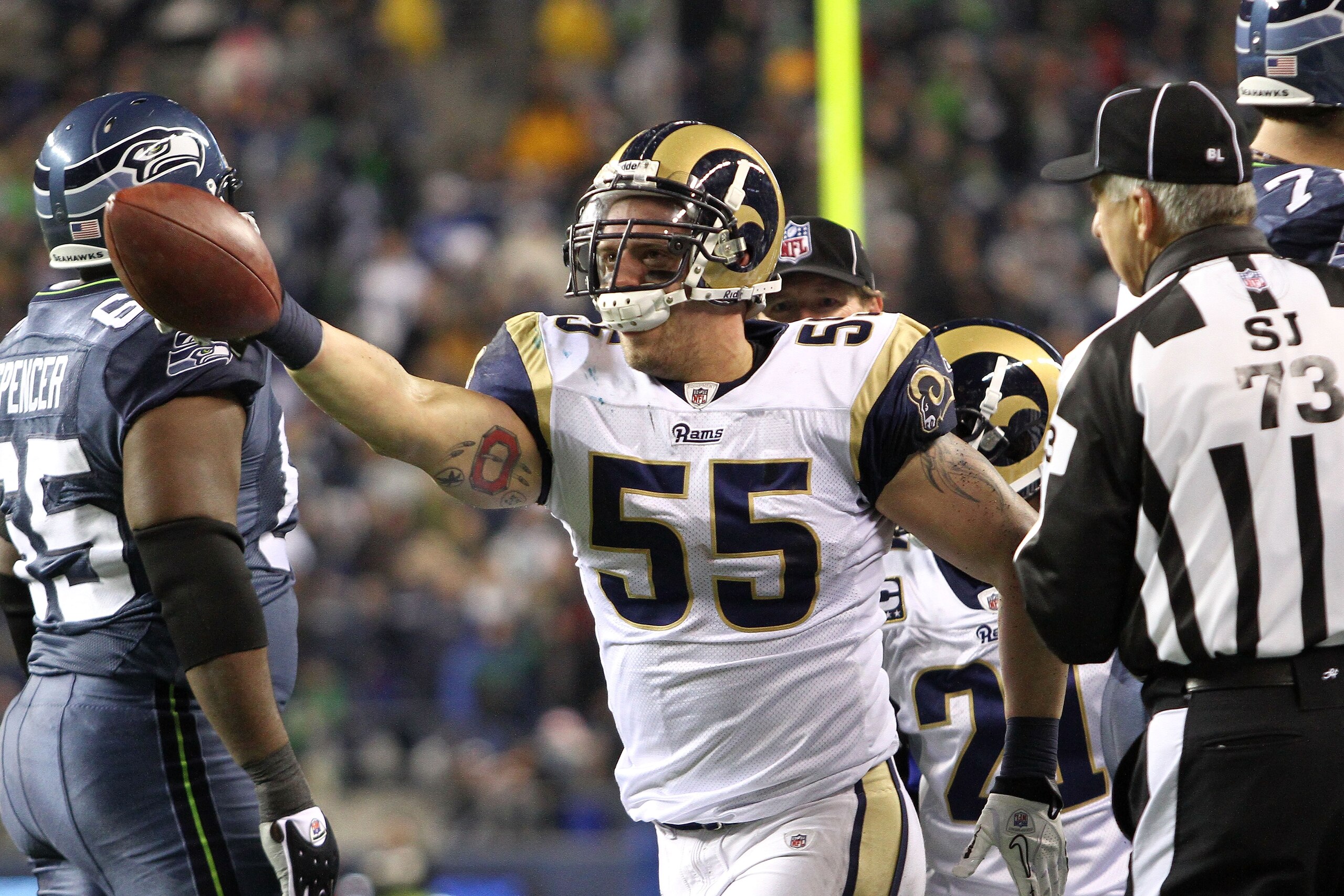 SEATTLE, WA - JANUARY 02: James Laurinaitis #55 of the St. Louis Rams celebrates recovering a fumble by the Seattle Seahawks during their game at Qwest Field on January 2, 2011 in Seattle, Washington. (Photo by Otto Greule Jr/Getty Images) SEATTLE, WA - JANUARY 02: James Laurinaitis #55 of the St. Louis Rams celebrates recovering a fumble by the Seattle Seahawks during their game at Qwest Field on January 2, 2011 in Seattle, Washington. (Photo by Otto Greule Jr/Getty Images)