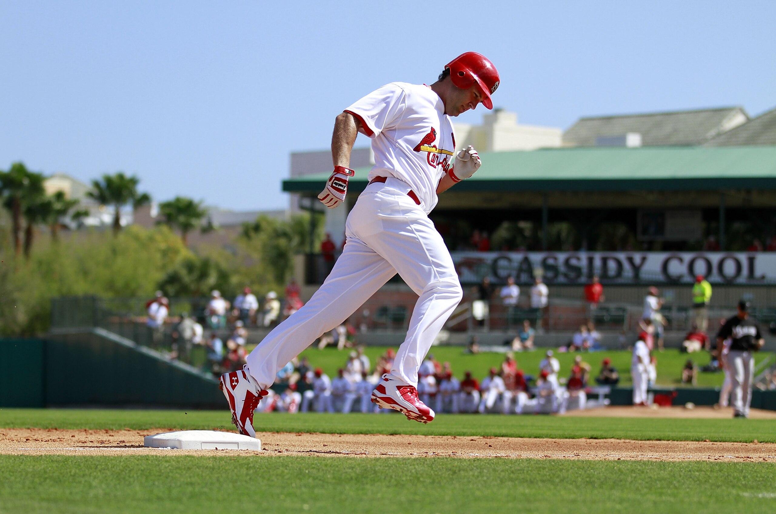 JUPITER, FL - FEBRUARY 28:  Lance Beirkman #12 of the St. Louis Cardinals hits a home run against the Florida Marlins at Roger Dean Stadium on February 28, 2011 in Jupiter, Florida.  (Photo by Marc Serota/Getty Images)