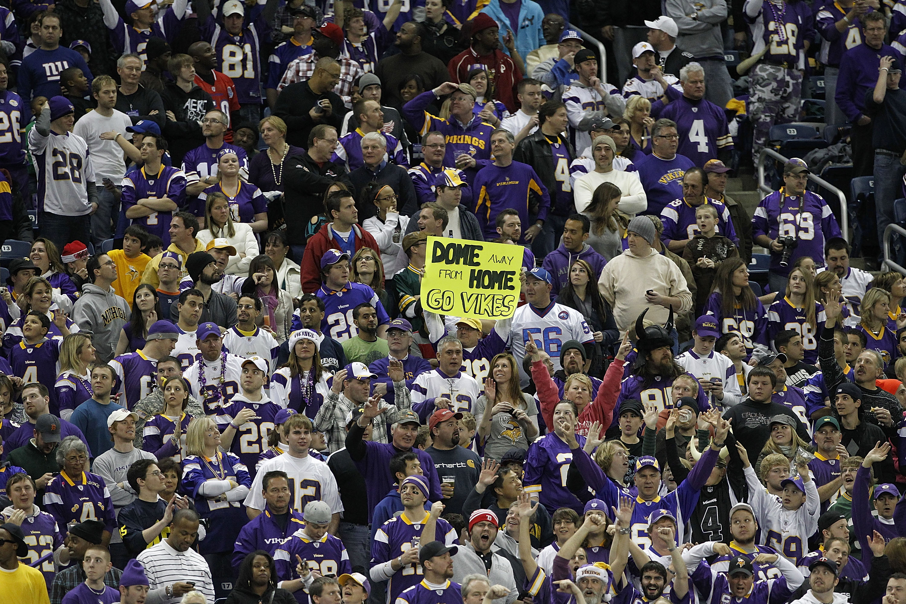 DETROIT - DECEMBER 13: Minnesota Vikings fans support their team at Ford Field during the game against the New York Giants on December 13, 2010 in Detroit, Michigan. (Photo by Leon Halip/Getty Images)