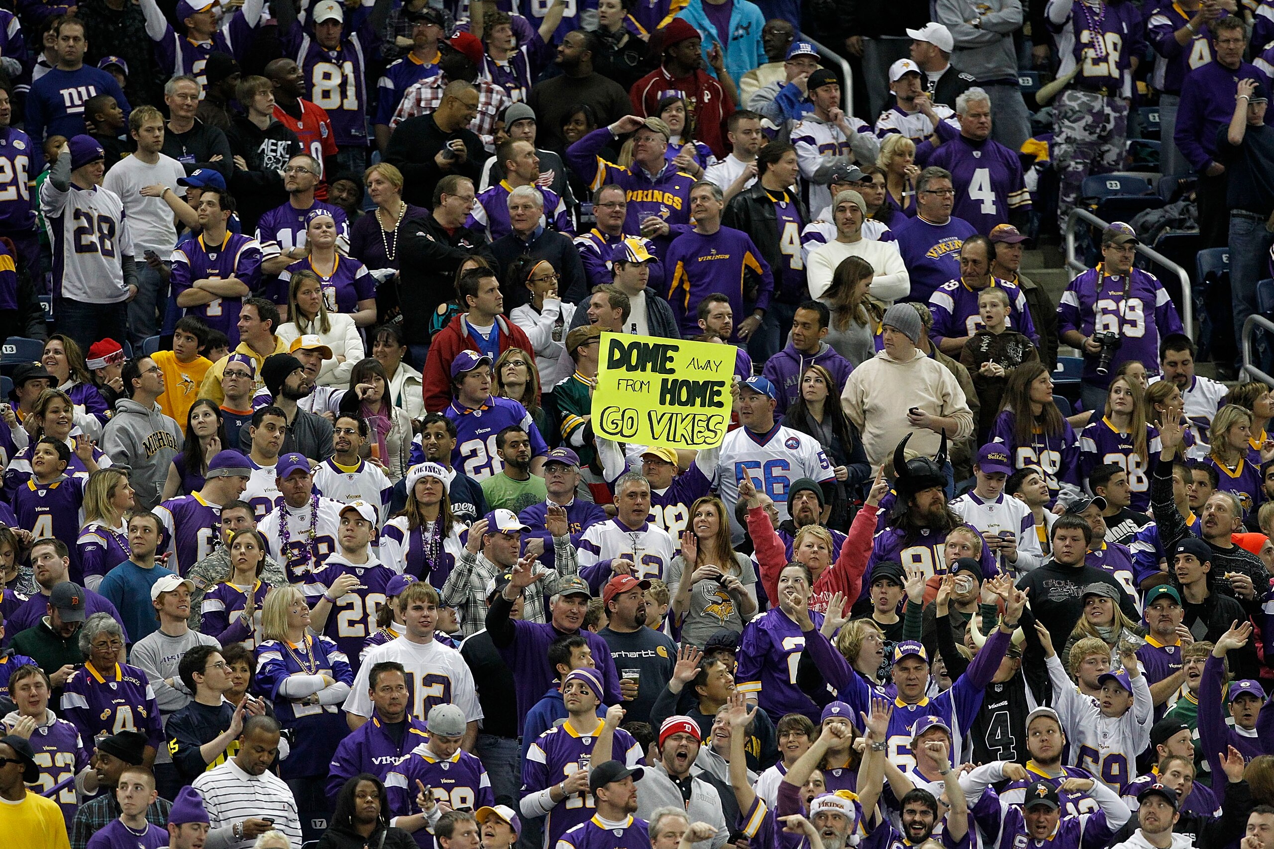 DETROIT - DECEMBER 13: Minnesota Vikings fans support their team at Ford Field during the game against the New York Giants on December 13, 2010 in Detroit, Michigan. (Photo by Leon Halip/Getty Images)