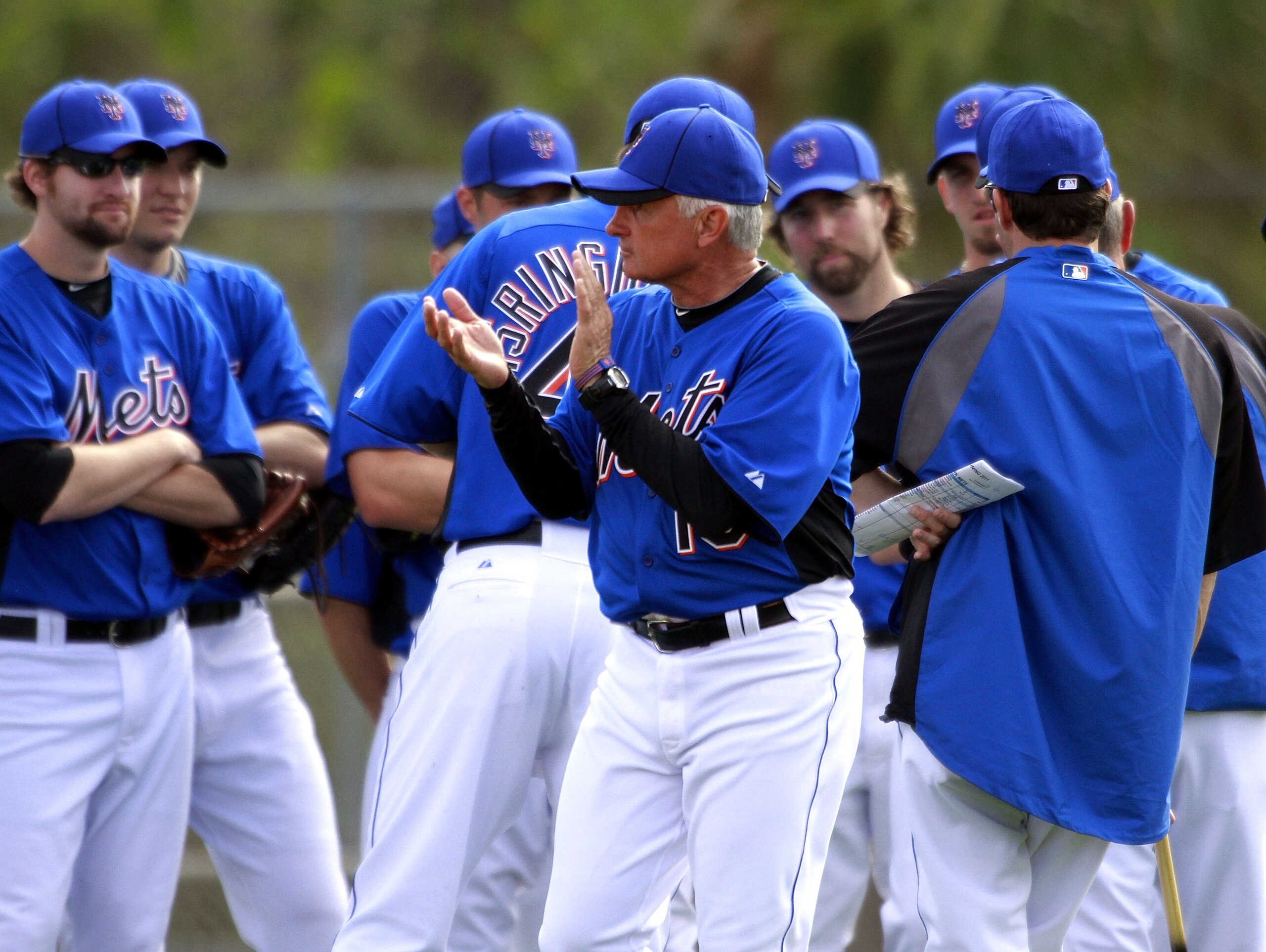 PORT ST. LUCIE, FL - FEBRUARY 17:  Manager Terry Collins #10 of the New York Mets addresses his team during spring training at Tradition Field on February 17, 2011 in Port St. Lucie, Florida.  (Photo by Marc Serota/Getty Images)