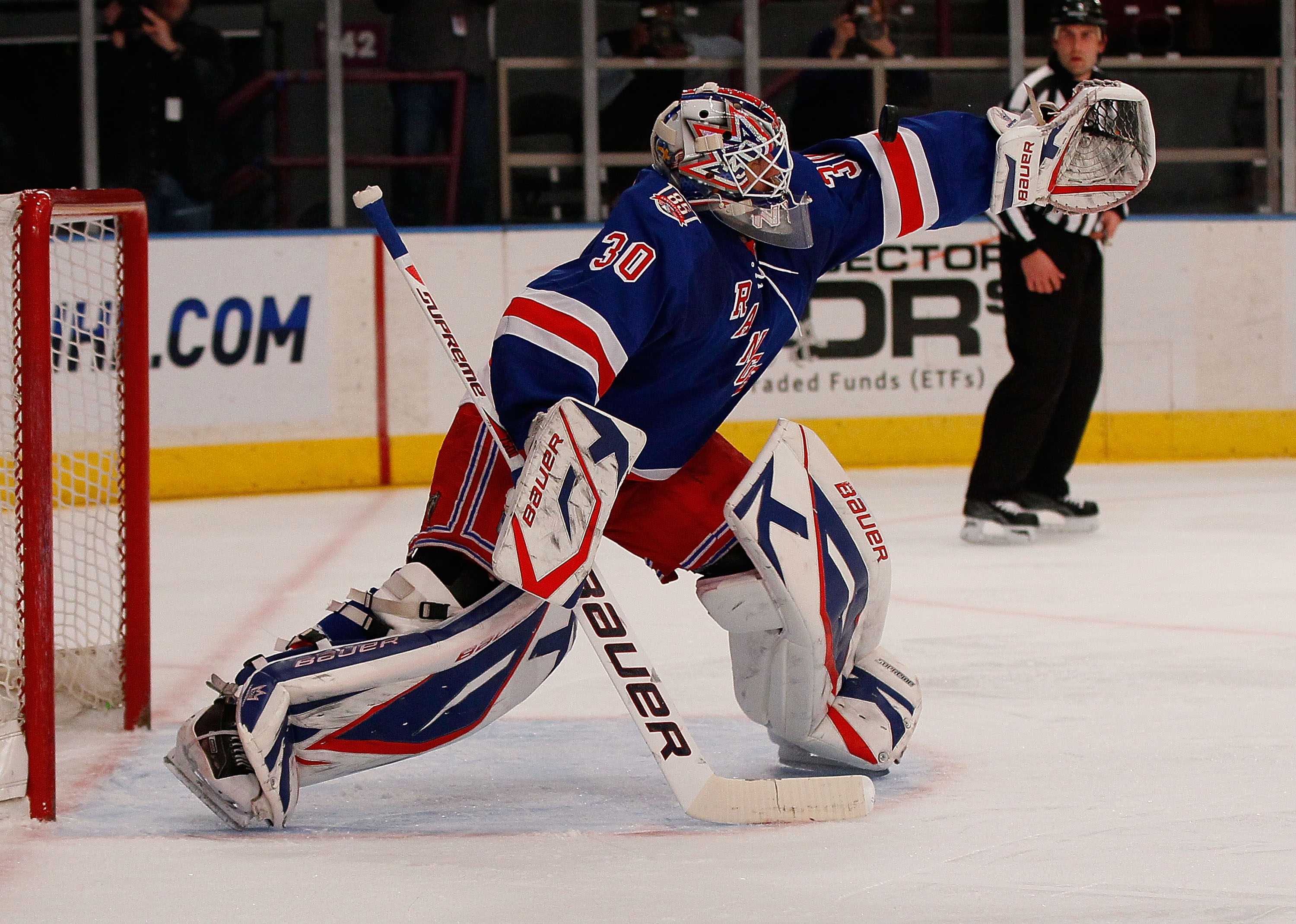 NEW YORK - MARCH 22:  Henrik Lundqvist #30 of the New York Rangers skates against the Florida Panthers on March 22, 2011 at Madison Square Garden in New York City, New York. Rangers defeated the Islanders 1-0.  (Photo by Mike Stobe/Getty Images)