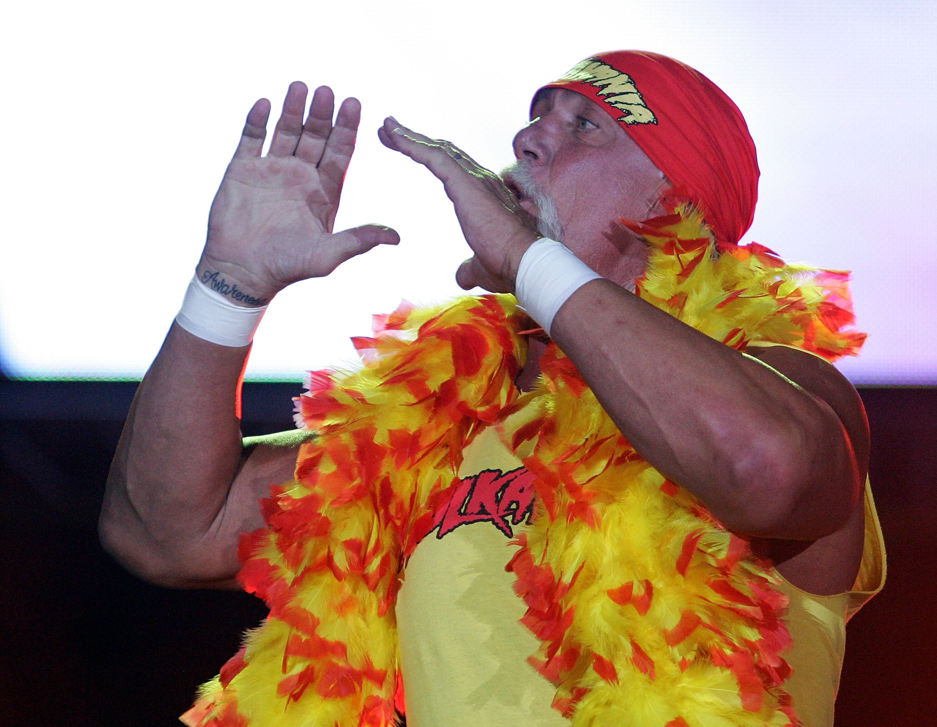 PERTH, AUSTRALIA - NOVEMBER 24:  Hulk Hogan enters the stage prior to his bout against Rick Flair during the Hulkamania Tour at the Burswood Dome on November 24, 2009 in Perth, Australia.  (Photo by Paul Kane/Getty Images)