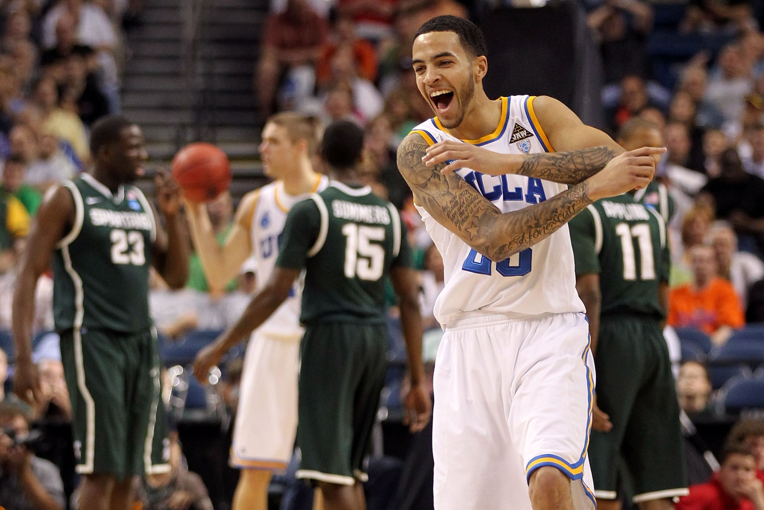 TAMPA, FL - MARCH 17:  Tyler Honeycutt #23 of the UCLA Bruins reacts in the first half against the Michigan State Spartans during the second round of the 2011 NCAA men's basketball tournament at St. Pete Times Forum on March 17, 2011 in Tampa, Florida.  (