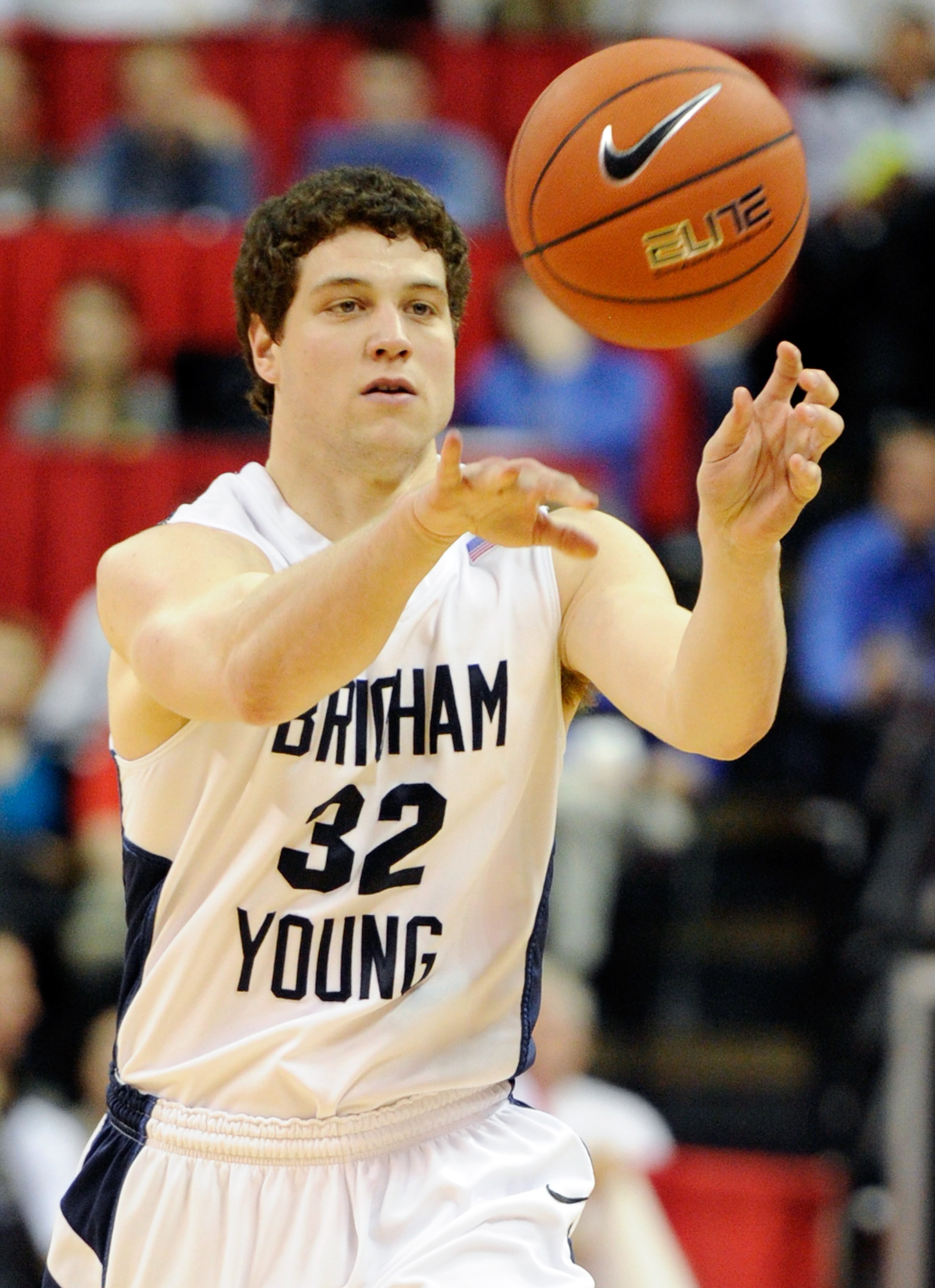 LAS VEGAS, NV - MARCH 11:  Jimmer Fredette #32 of the Brigham Young University Cougars passes the ball during a semifinal game of the Conoco Mountain West Conference Basketball tournament against the New Mexico Lobos at the Thomas & Mack Center March 11,