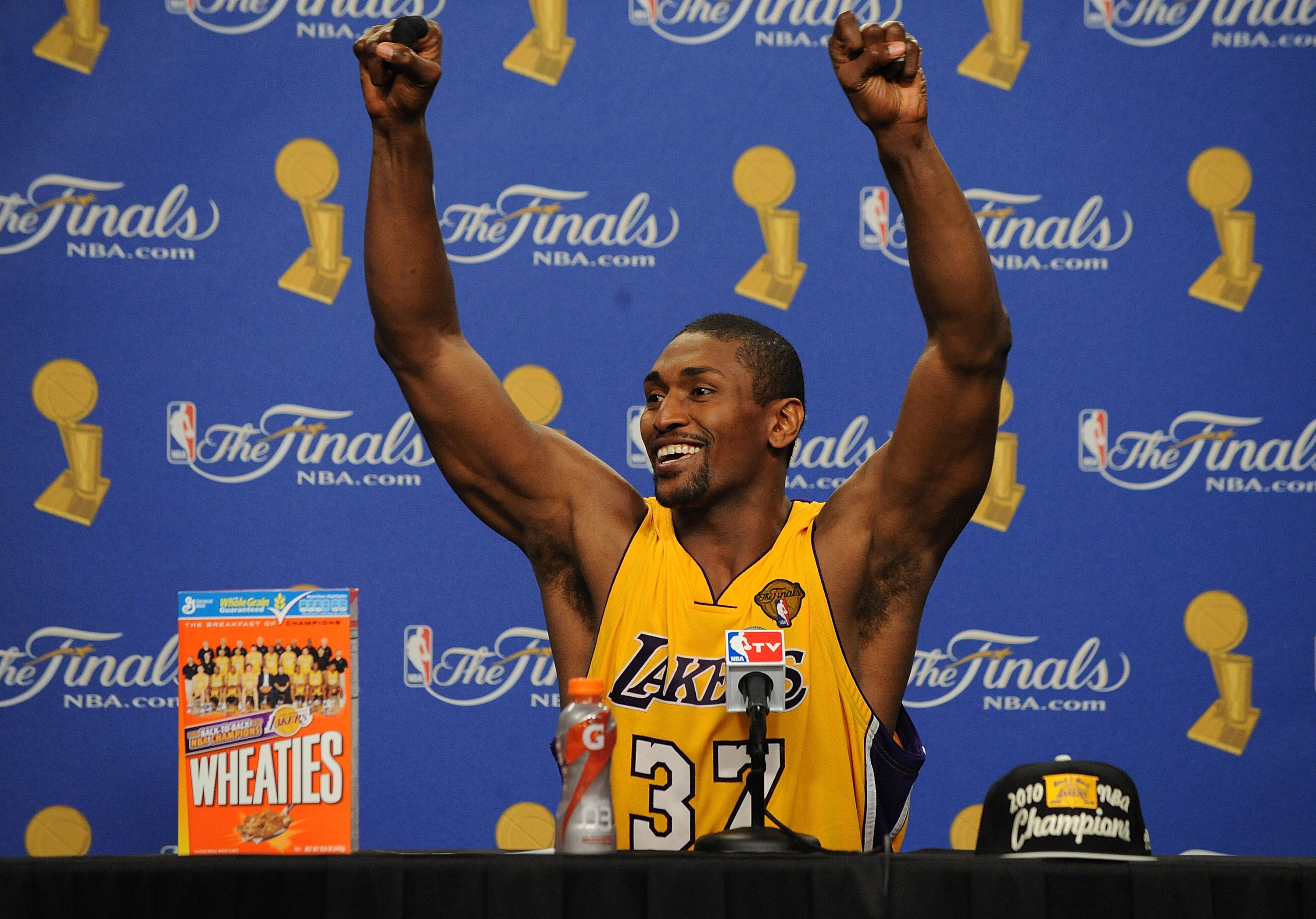 LOS ANGELES, CA - JUNE 17:  Ron Artest #37 of the Los Angeles Lakers speaks during the post game news conference as he celebrates after the Lakers defeated the Boston Celtics 83-79 in Game Seven of the 2010 NBA Finals at Staples Center on June 17, 2010 in