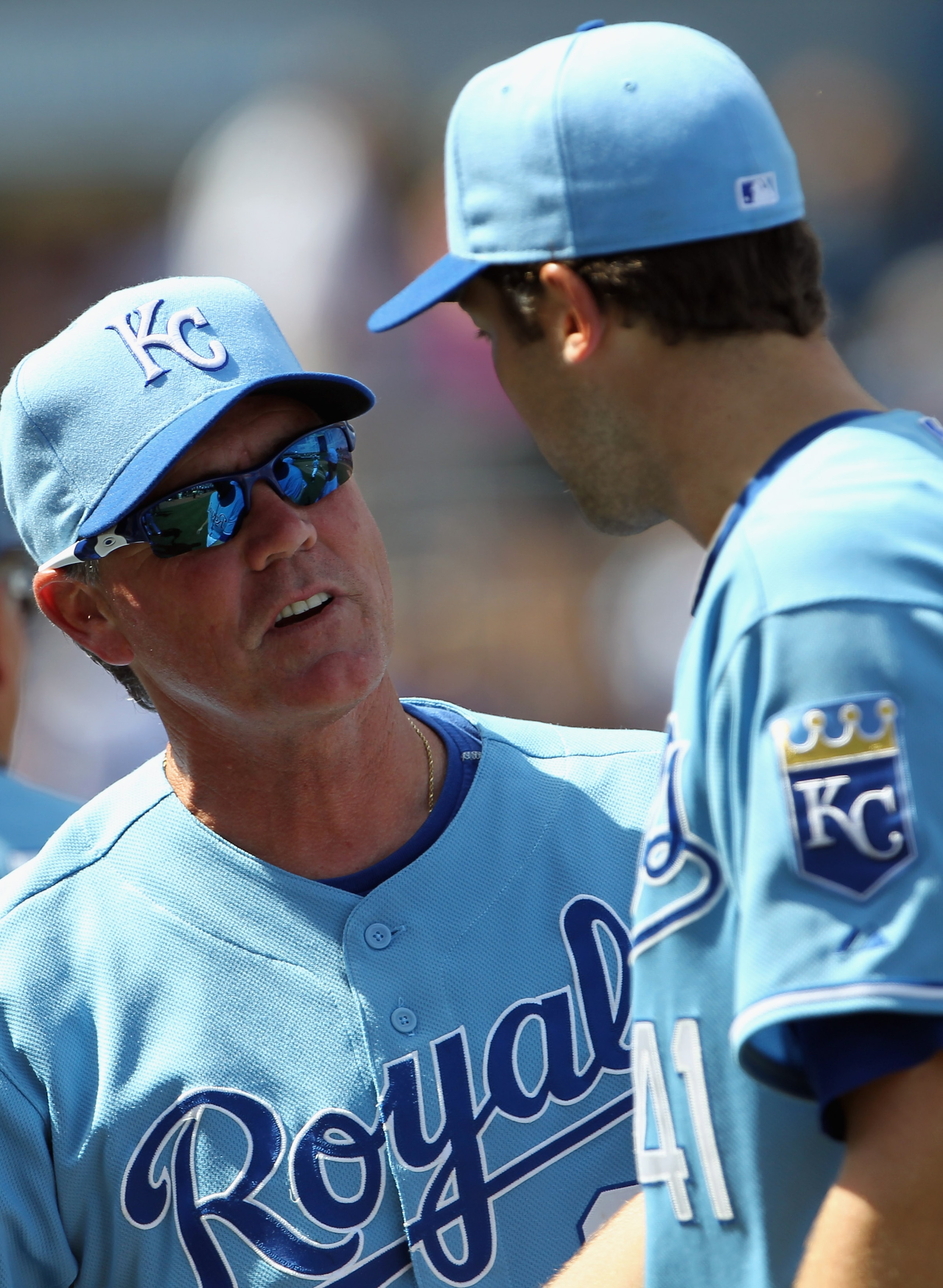 KANSAS CITY, MO - AUGUST 15:  Manager Ned Yost #2 of the Kansas City Royals congratulates starting pitcher Bryan Bullington #41 after Bullington achieved his first Major League win with a victory over the New York Yankees 1-0 on August 15, 2010 at Kauffma