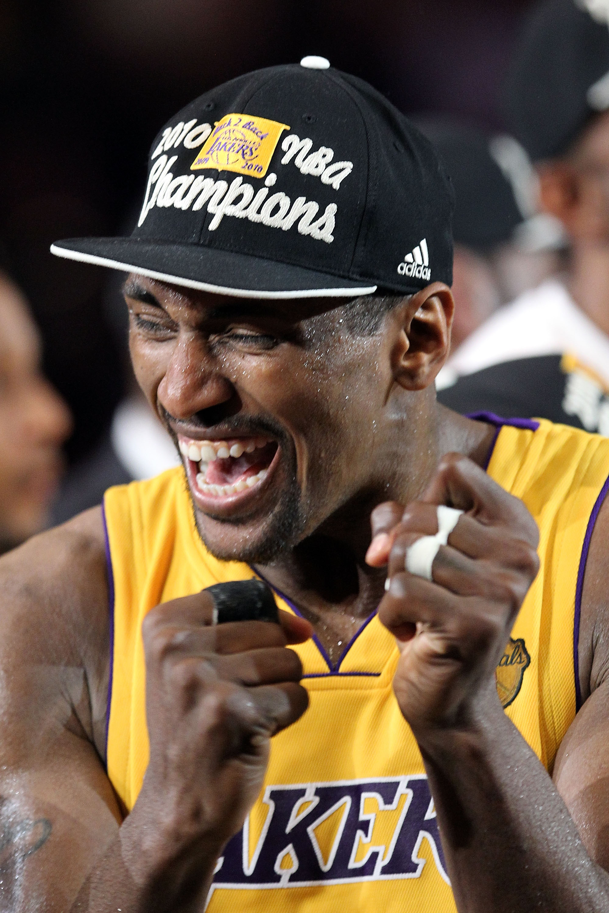 LOS ANGELES, CA - JUNE 17:  Ron Artest #37 of the Los Angeles Lakers celebrates after the Lakers defeated the Boston Celtics in Game Seven of the 2010 NBA Finals at Staples Center on June 17, 2010 in Los Angeles, California.  NOTE TO USER: User expressly