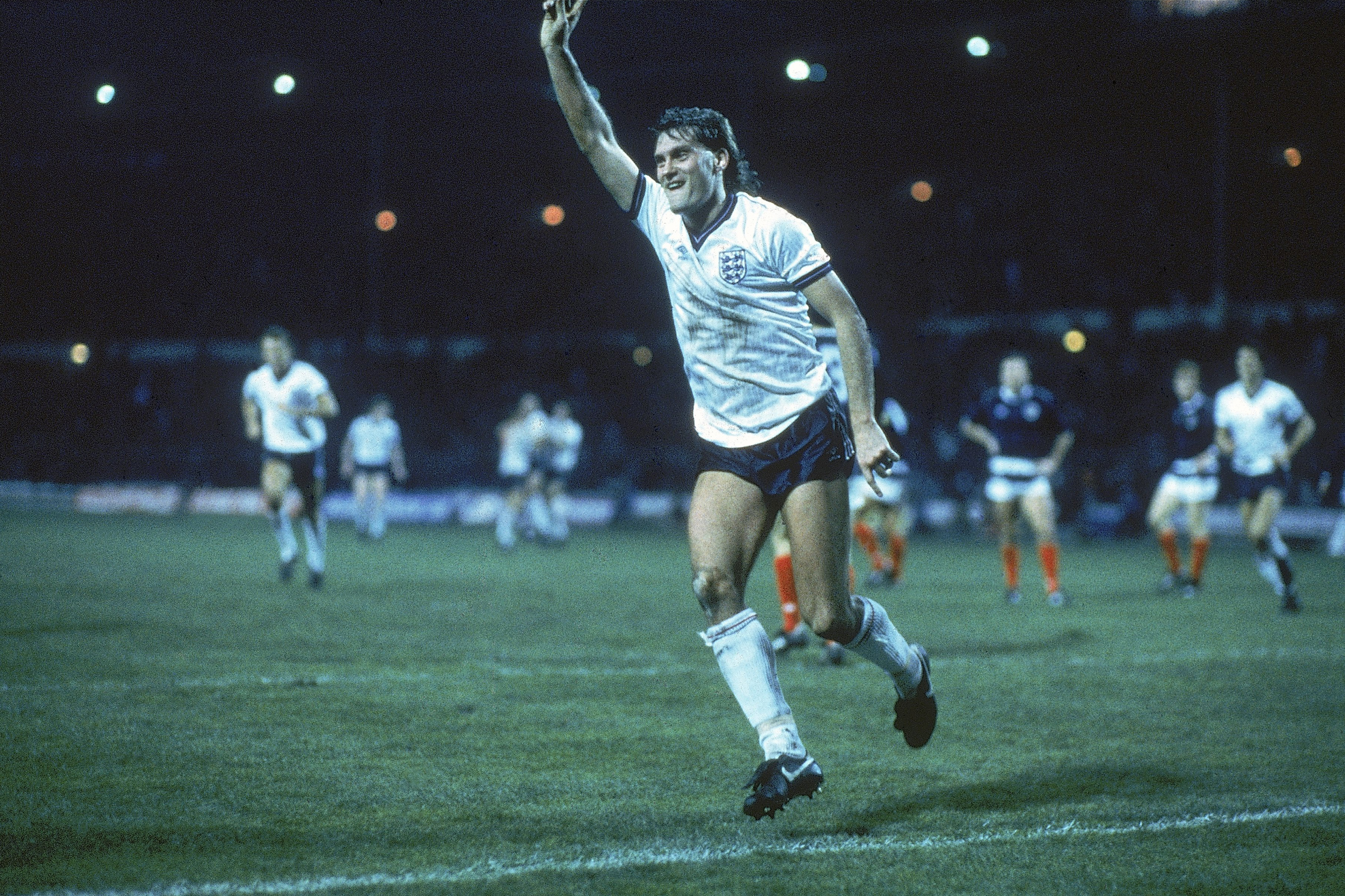 23 Apr 1986:  Glen Hoddle of England celebrates his goal during the game against Scotland at Wembley Stadium in London. England won the match 2-1. \ Mandatory Credit: Dave Cannon /Allsport