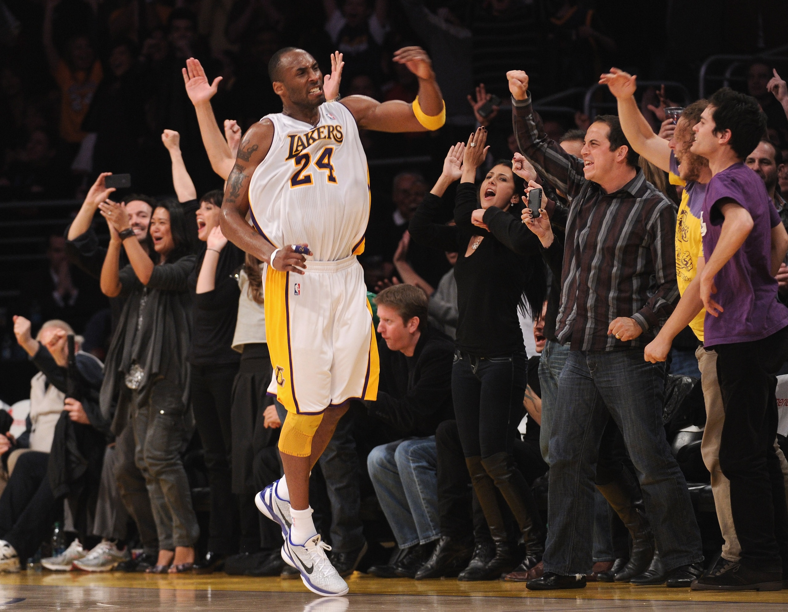 LOS ANGELES, CA - MARCH 20:  Kobe Bryant #24 of the Los Angeles Lakers celebrates his basket in the last minute on way to an 84-80 win over the  Portland Trail Blazers at the Staples Center on March 20, 2011 in Los Angeles, California.  NOTE TO USER: User