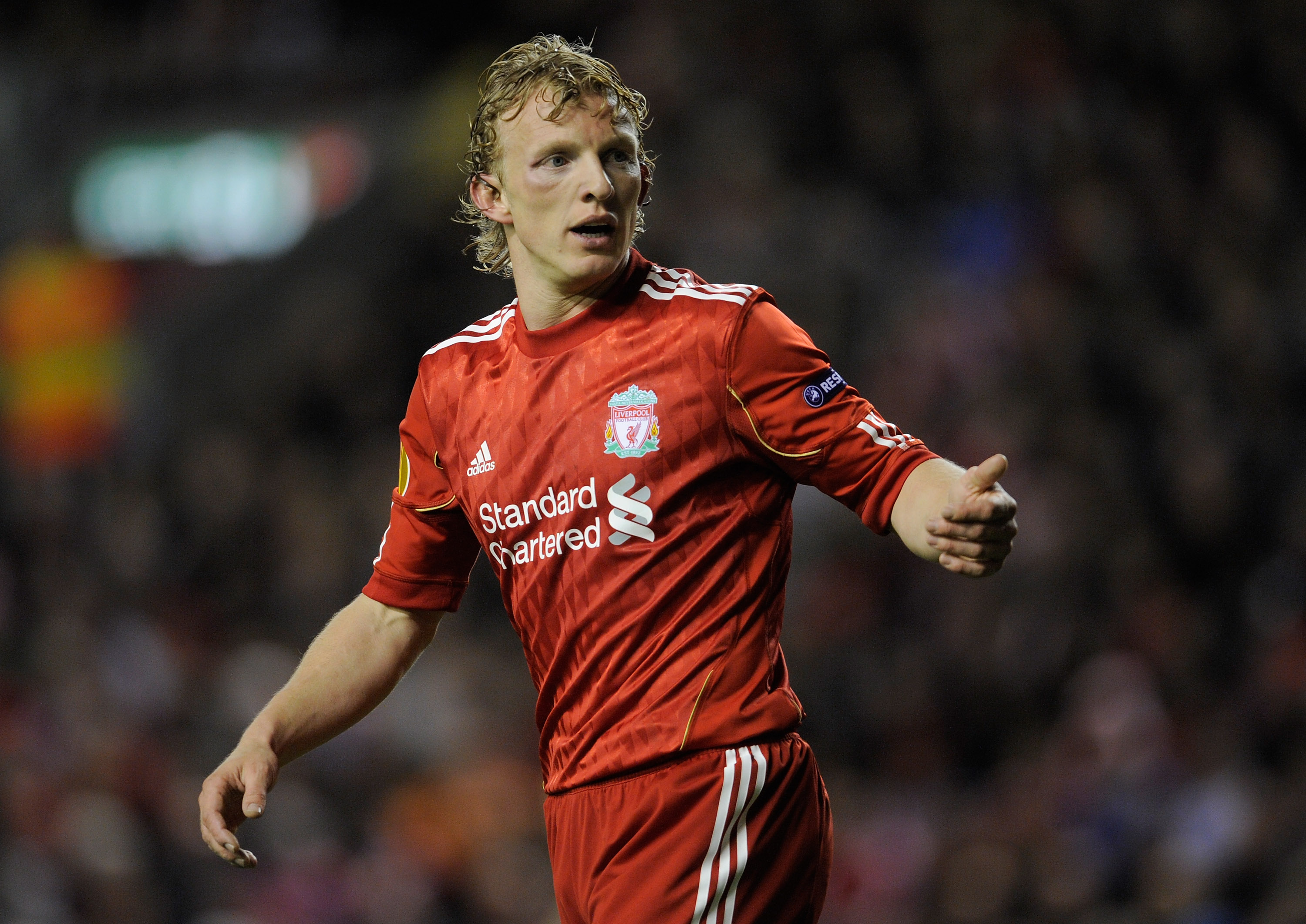 LIVERPOOL, ENGLAND - MARCH 17:  Dirk Kuyt of Liverpool reacts during the UEFA Europa League Round of 16 second leg match between Liverpool and SC Braga at Anfield on March 17, 2011 in Liverpool, England.  (Photo by Michael Regan/Getty Images)