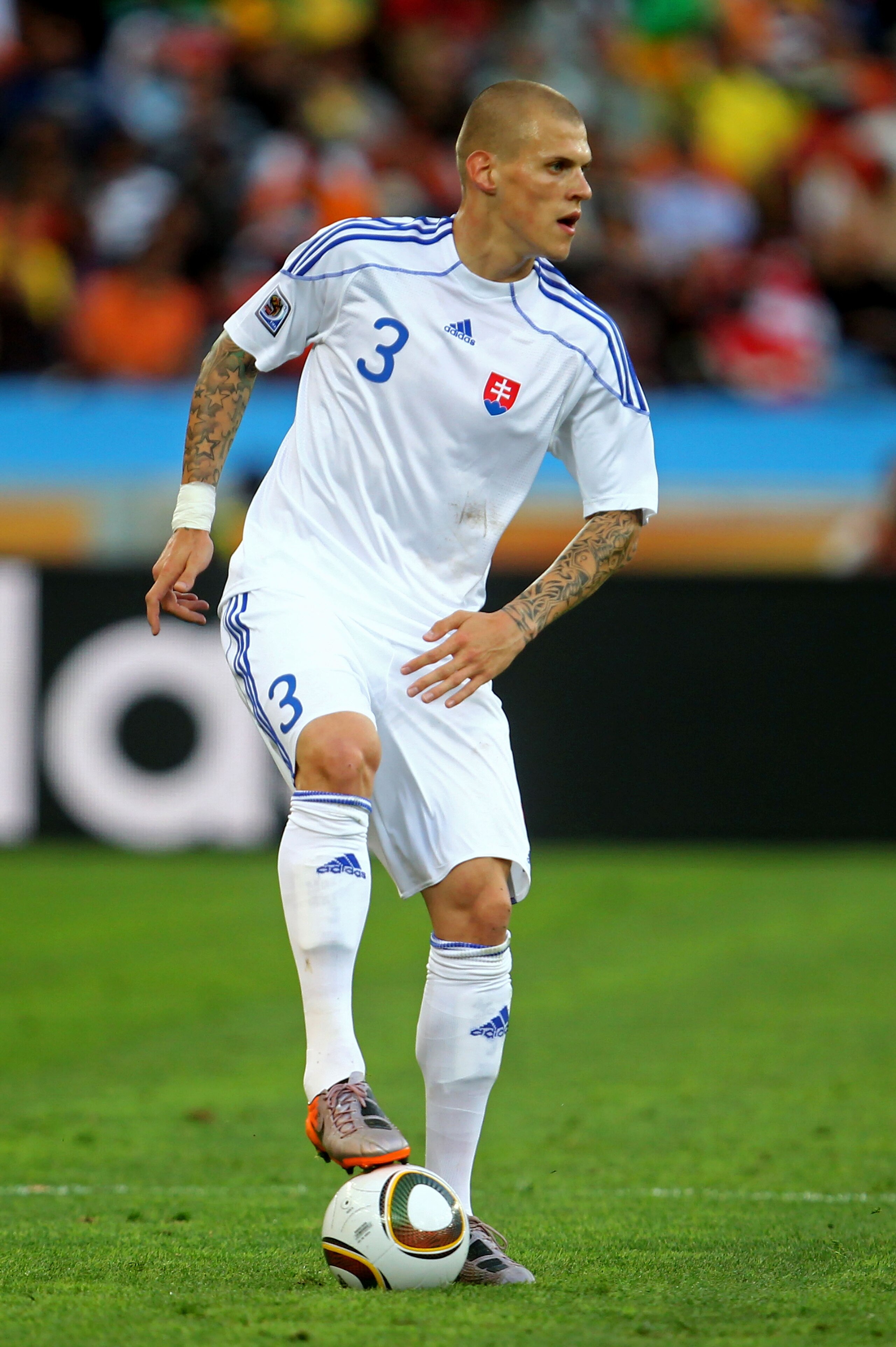 DURBAN, SOUTH AFRICA - JUNE 28:  Martin Skrtel of Slovakia  in action during the 2010 FIFA World Cup South Africa Round of Sixteen match between Netherlands and Slovakia at Durban Stadium on June 28, 2010 in Durban, South Africa.  (Photo by Lars Baron/Get