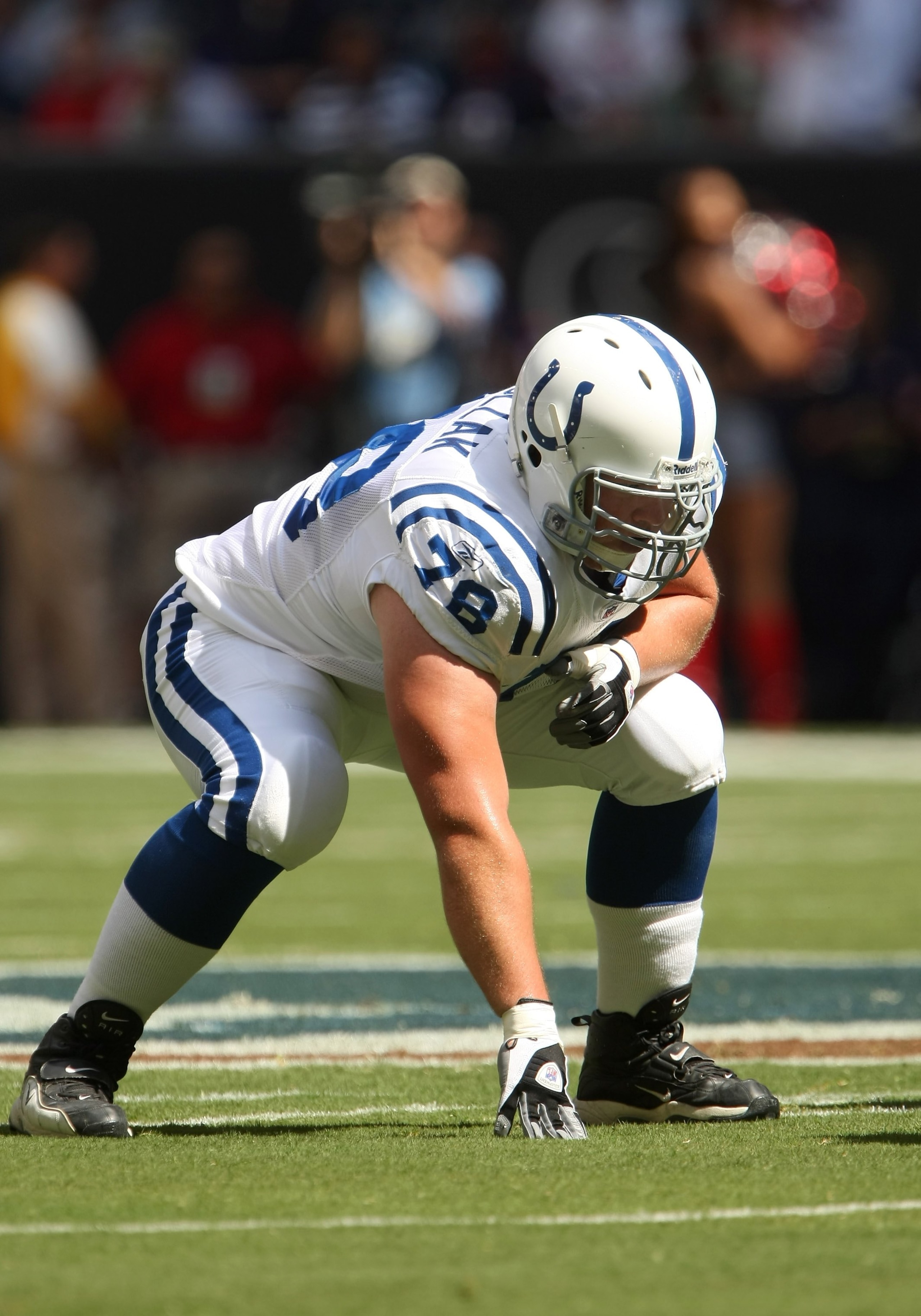 HOUSTON - OCTOBER 05:  Guard Mike Pollack #78 of the Indianapolis Colts sets on the line of scrimmage against the Houston Texans on October 5, 2008 at Reliant Stadium in Houston, Texas.  The Colts won 31-27.  (Photo by Stephen Dunn/Getty Images)