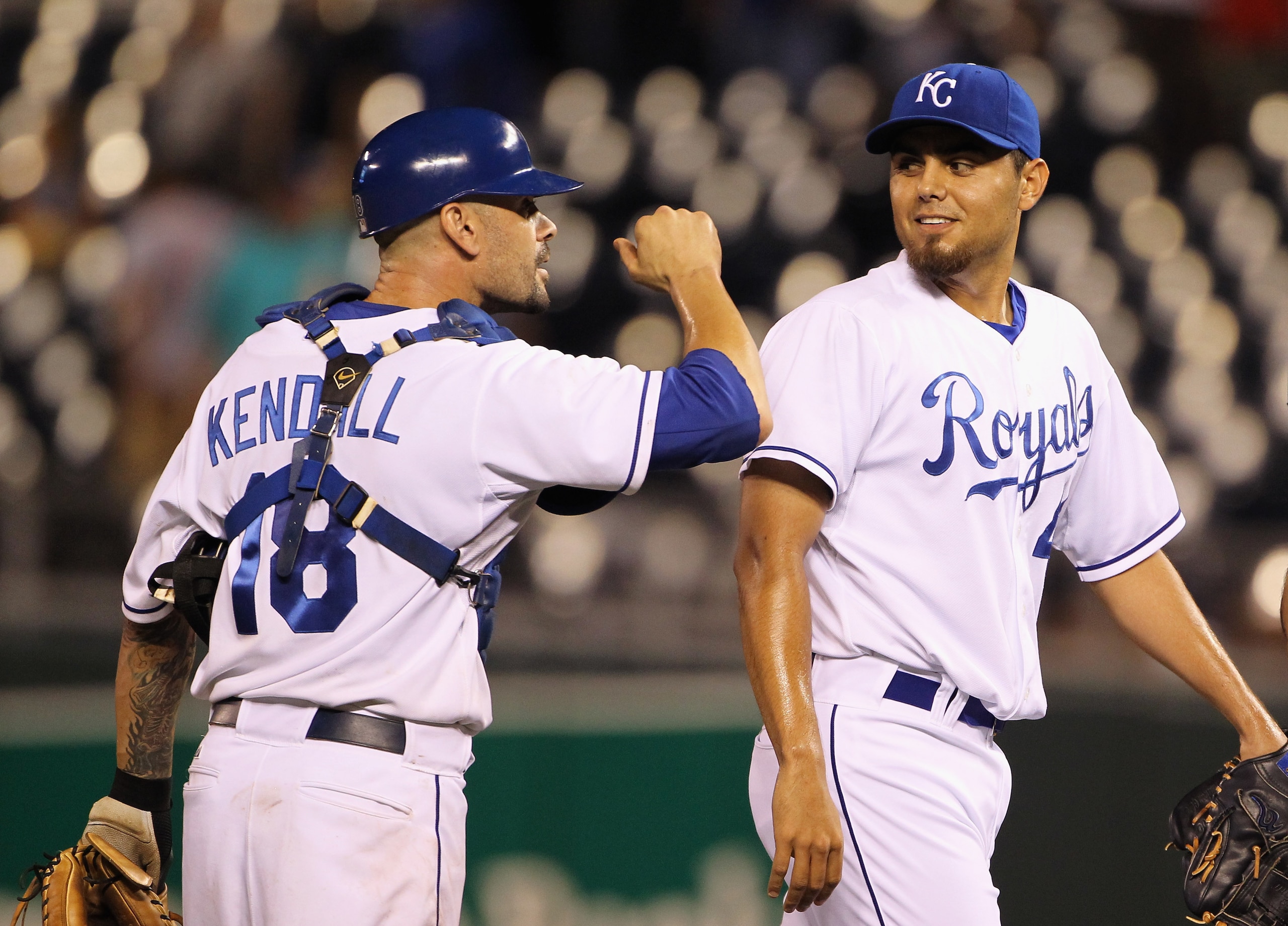 KANSAS CITY, MO - AUGUST 13:  Jason Kendall #18 of the Kansas City Royals congratulates pitcher Joakim Soria #48 after the Royals defeated the New York Yankees 4-3 to win the game on August 13, 2010 at Kauffman Stadium in Kansas City, Missouri.  (Photo by