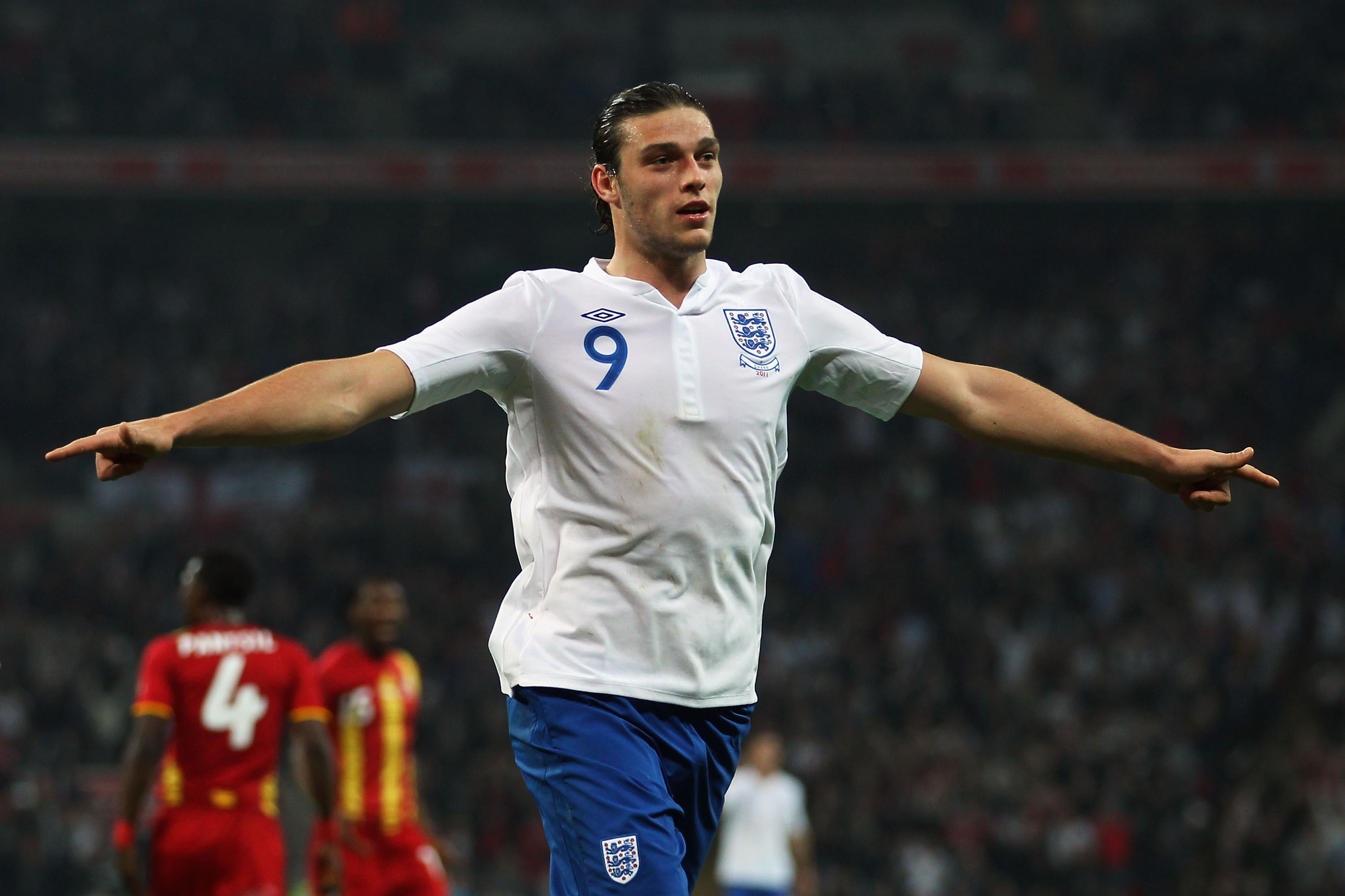 LONDON, ENGLAND - MARCH 29:  Andy Carroll of England celebrates as he scores their first goal during the international friendly match between England and Ghana at Wembley Stadium on March 29, 2011 in London, England.  (Photo by Julian Finney/Getty Images)