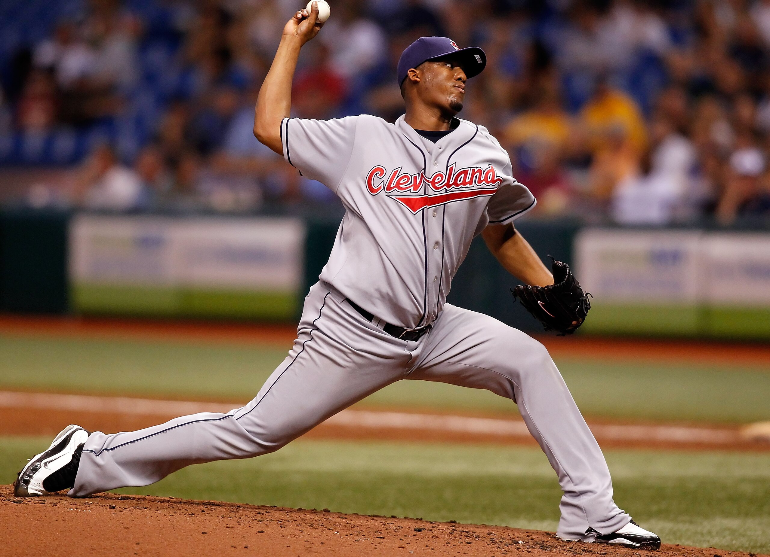 ST PETERSBURG, FL - MAY 17:  Pitcher Fausto Carmona #55 of the Cleveland Indians pitches against the Tampa Bay Rays during the game at Tropicana Field on May 17, 2010 in St. Petersburg, Florida.  (Photo by J. Meric/Getty Images)