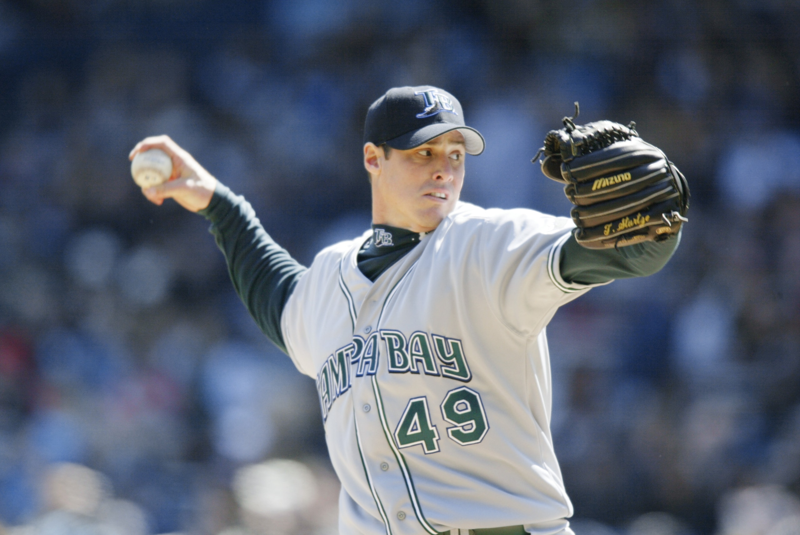 07 Apr 2002 :  Tanyon Sturtze #49 of the Tampa Bay Devil Rays  winds up to pitch against the New York Yankees during the game at Yankee Stadium  in the Bronx, New York. The Yankees won 7-2. DIGITAL IMAGE.  Mandatory Credit: Al Bello/Getty Images