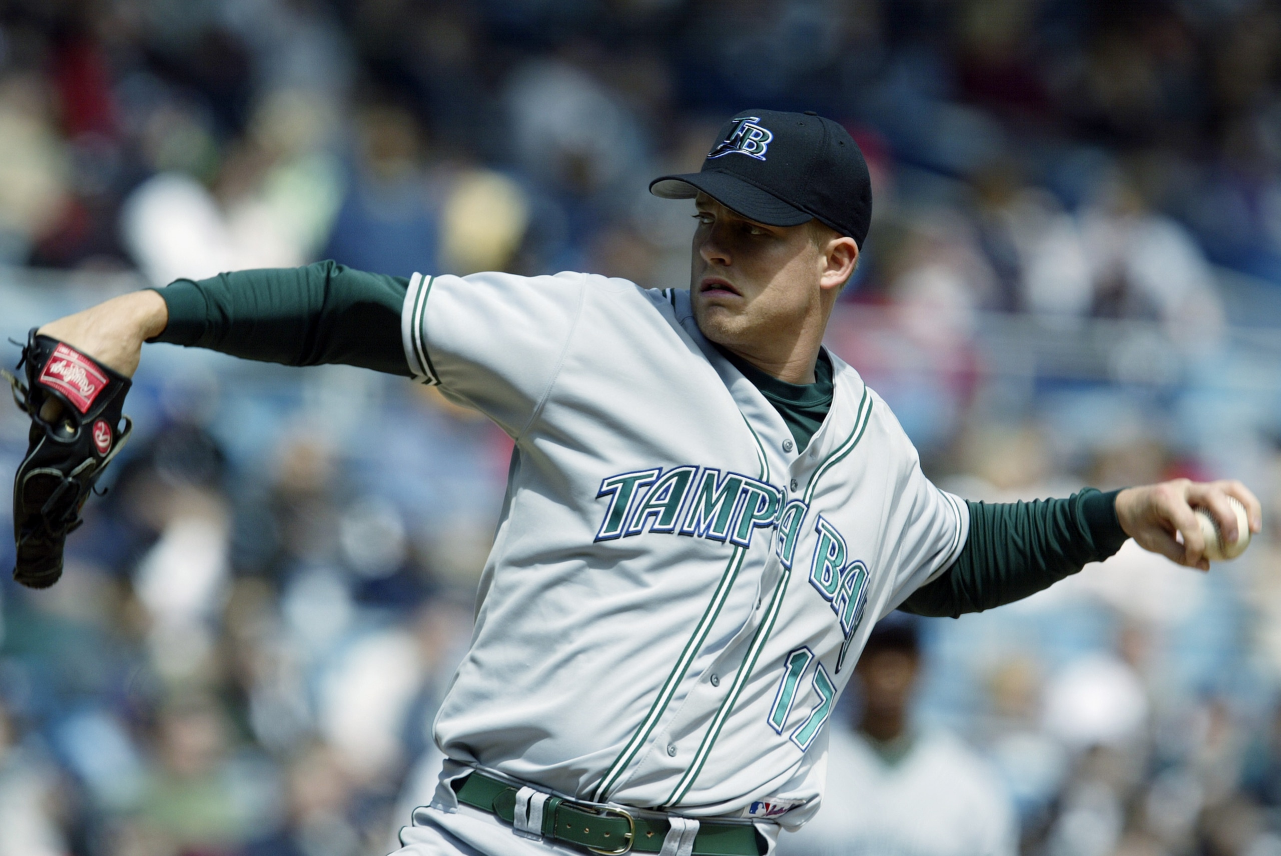 BRONX, NY - APRIL 12:  Pitcher Joe Kennedy #17 of the Tampa Bay Devil Rays throws against the New York Yankees during the game at Yankee Stadium on April 12, 2003 in the Bronx, New York.  The Yankees defeated the Devil Rays 4-3.  (Photo by Al Bello/Getty