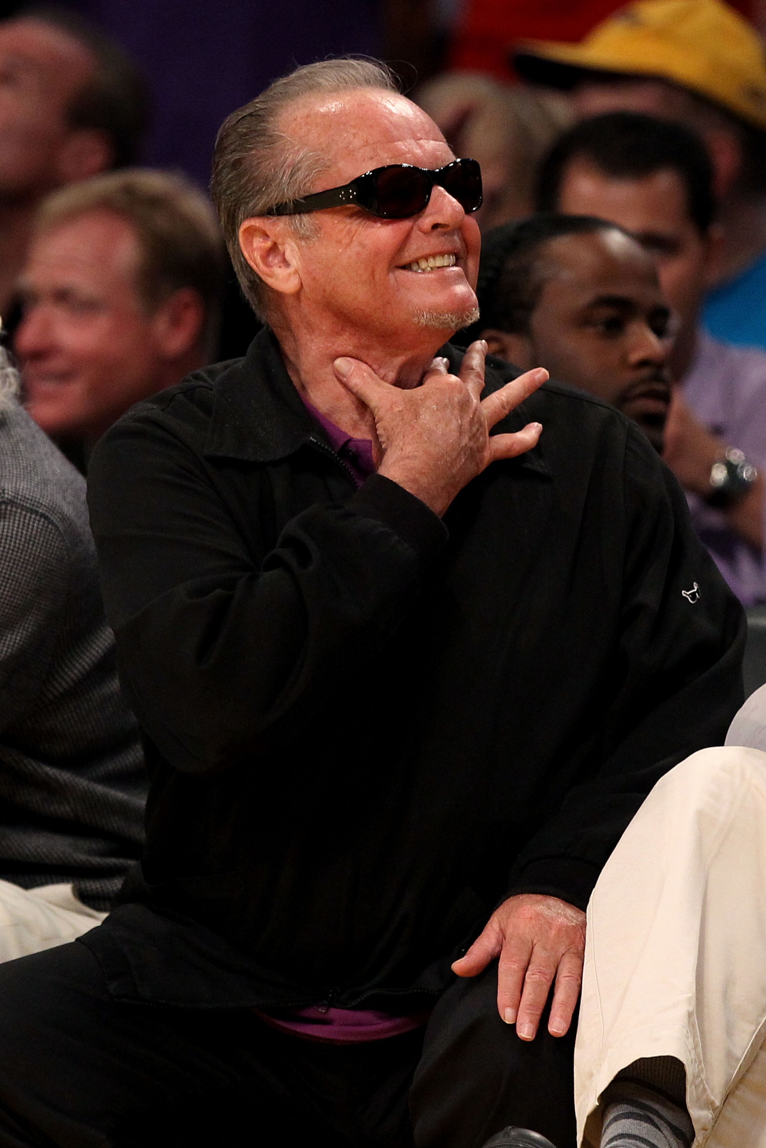 LOS ANGELES, CA - JUNE 15:  Actor Jack Nicholson makes a gesture towards the Boston Celtics bench in Game Six of the 2010 NBA Finals between the Celtics and the Los Angeles Lakers at Staples Center on June 15, 2010 in Los Angeles, California.  NOTE TO USE
