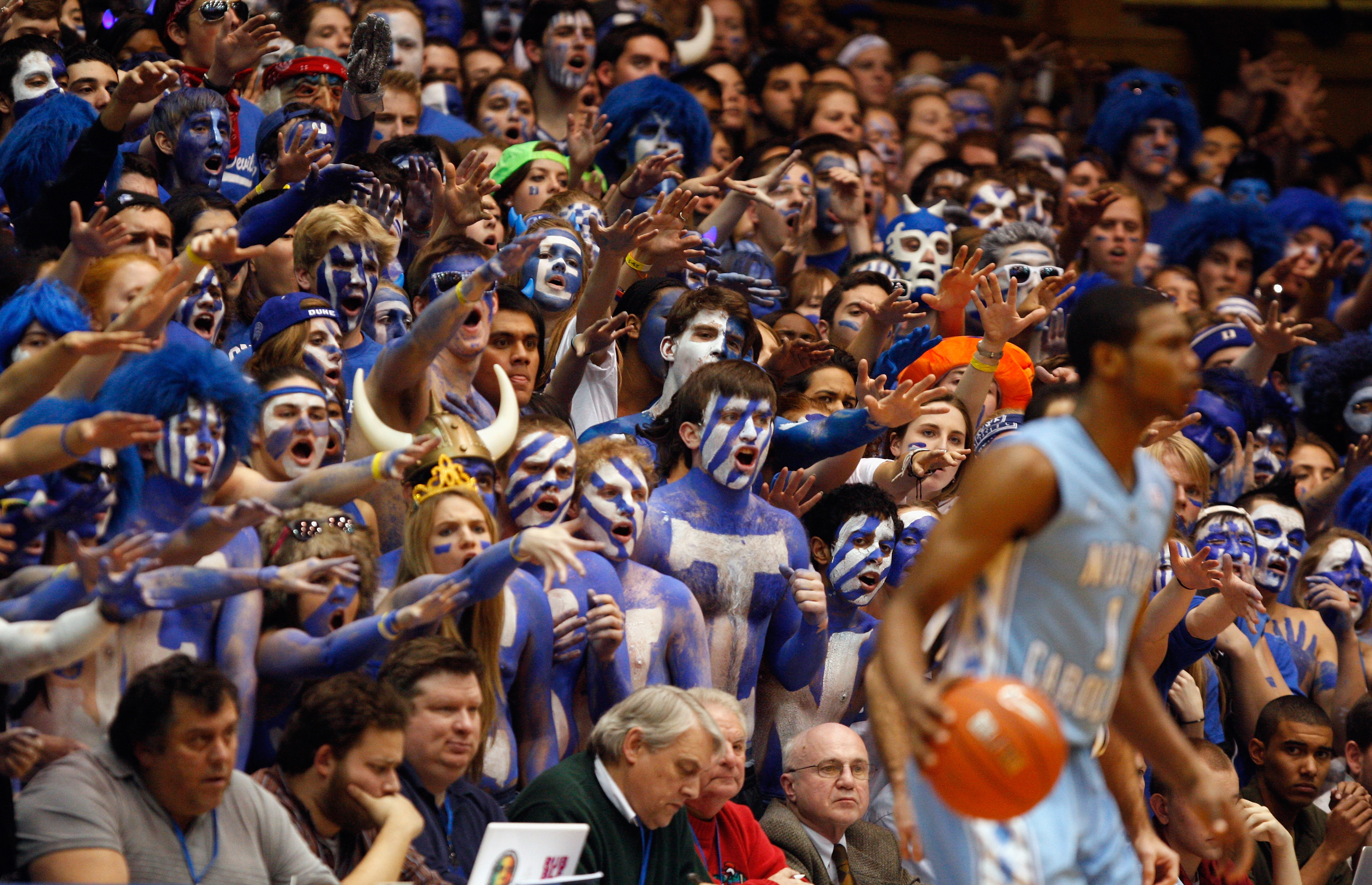 DURHAM, NC - FEBRUARY 09: Cameron Crazies heckle the North Carolina Tar Heels during their game at Cameron Indoor Stadium on February 9, 2011 in Durham, North Carolina. (Photo by Streeter Lecka/Getty Images)