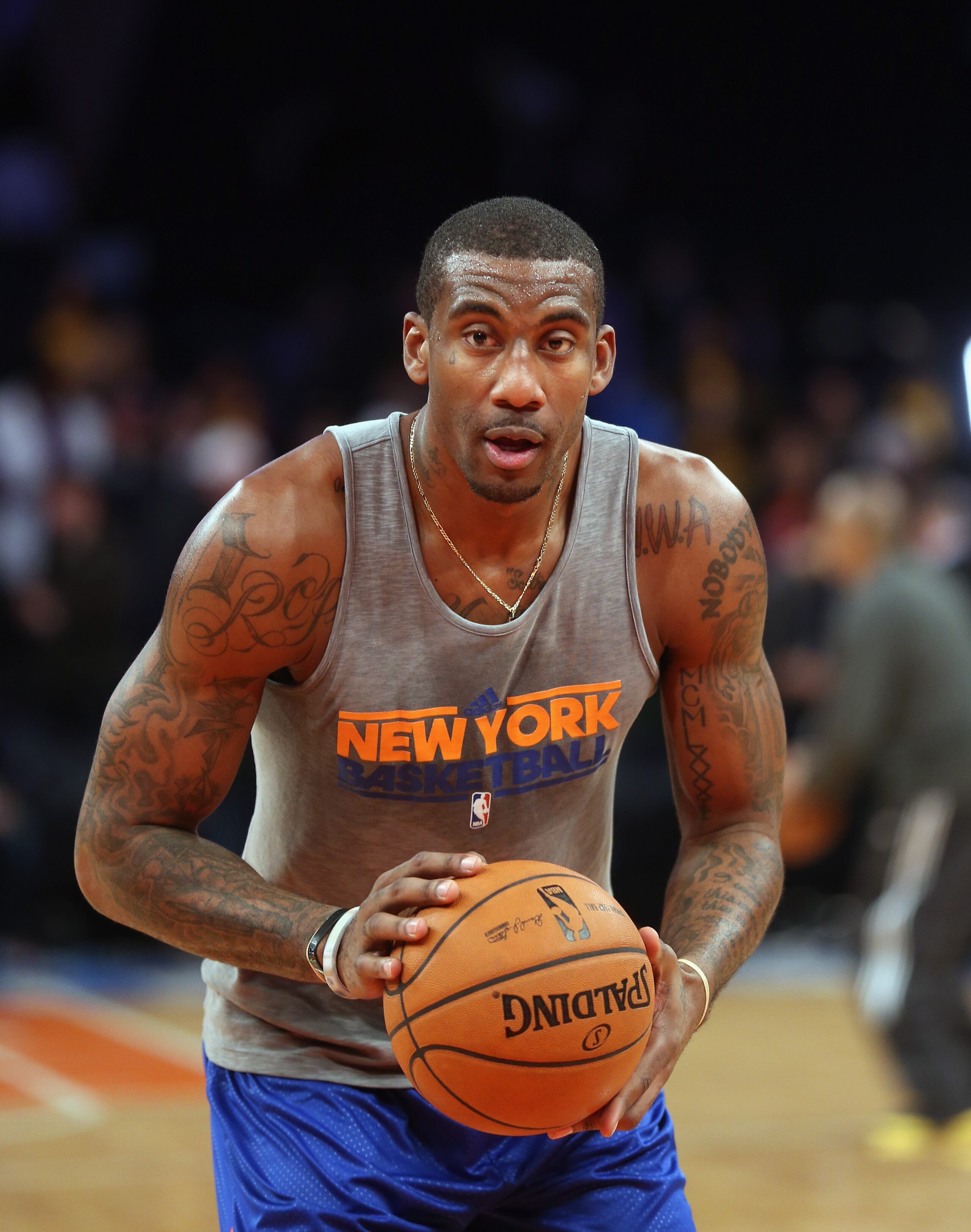 NEW YORK, NY - DECEMBER 13:  Amar'e Stoudemire
#1 of the New York Knicks warms up prior to the game against the Los Angeles Lakers at Madison Square Garden on December 13, 2012 in New York City. NOTE TO USER: User expressly acknowledges and agrees that, b