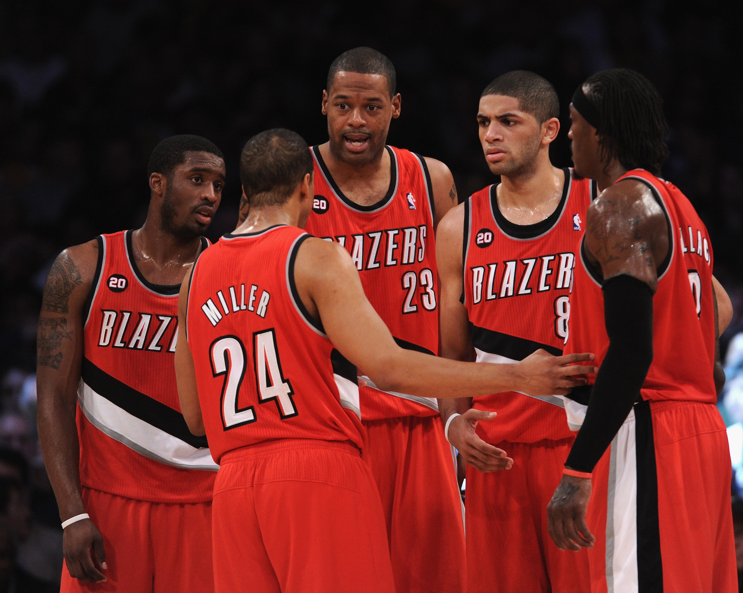 LOS ANGELES, CA - MARCH 20: Wesley Mathews #2, Marcus Camby #23, Nicolas Batum #88, Gerald Wallace #3 and Andre MIller #24 of the Portland Trail Blazers meet on the court against the Los Angeles Lakers at the Staples Center on March 20, 2011 in Los Ange LOS ANGELES, CA - MARCH 20: Wesley Mathews #2, Marcus Camby #23, Nicolas Batum #88, Gerald Wallace #3 and Andre MIller #24 of the Portland Trail Blazers meet on the court against the Los Angeles Lakers at the Staples Center on March 20, 2011 in Los Ange