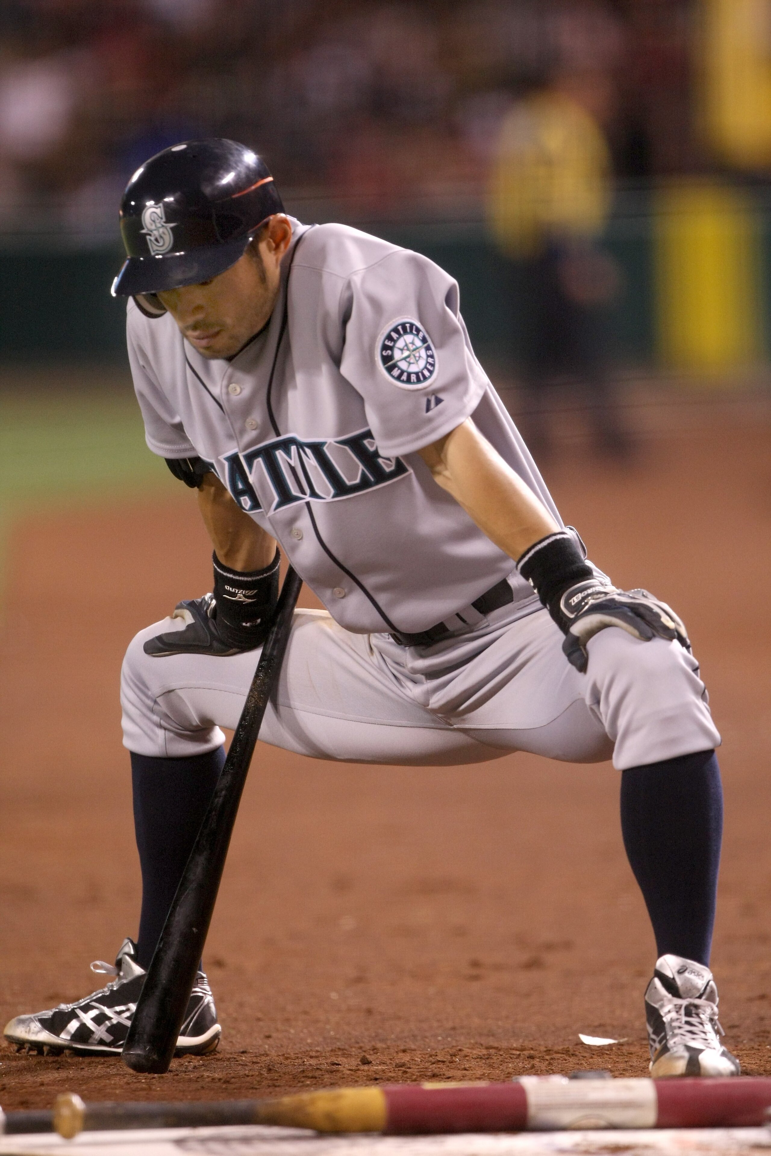 ANAHEIM, CA - APRIL 24:  Ichiro Suzuki #51 of the Seattle Mariners stretches in the on deck circle in the game with the Los Angeles Angels of Anaheim on April 24, 2009 at Angel Stadium in Anaheim, California. The Mariners won 8-3.  (Photo by Stephen Dunn/