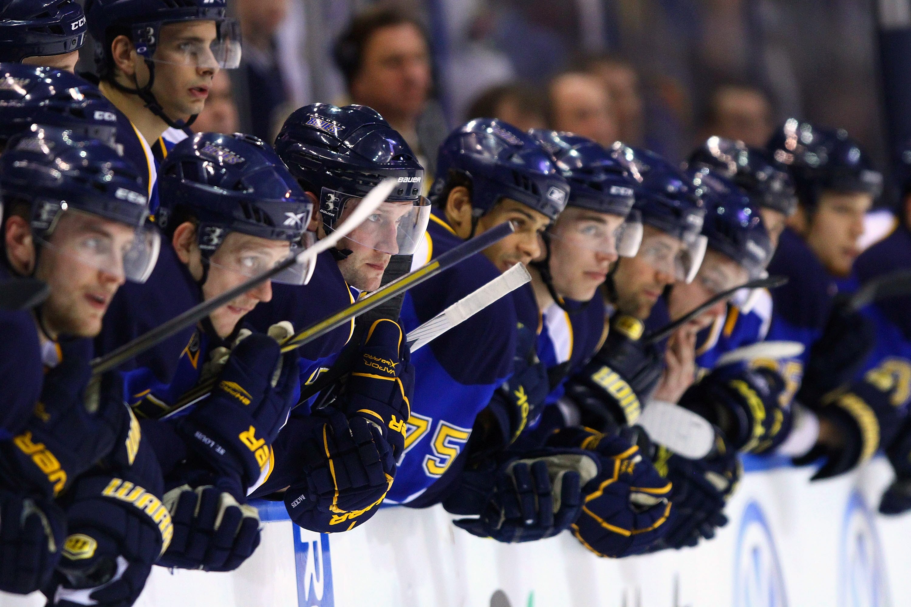 ST. LOUIS, MO - MARCH 29: Members of the St. Louis Blues wacth the pentalty shootout against the Minnesota Wild at the Scottrade Center on March 29, 2011 in St. Louis, Missouri.  (Photo by Dilip Vishwanat/Getty Images)