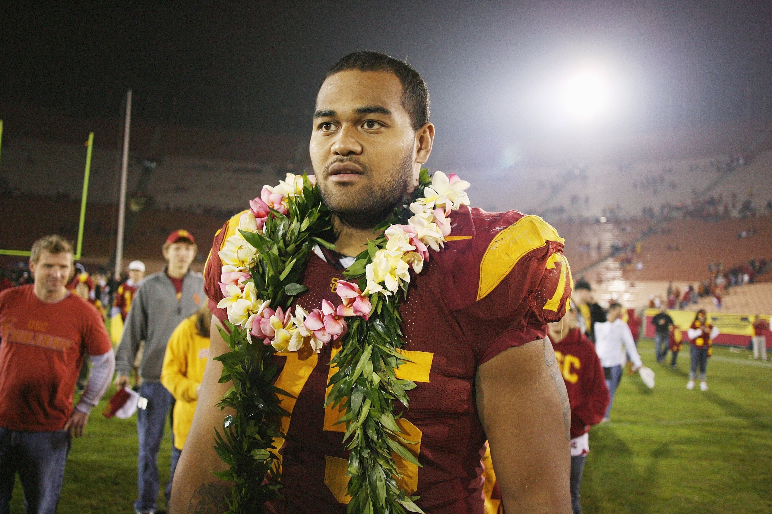 LOS ANGELES - NOVEMBER 29:  Matt Kalil #75 of the USC Trojans walks on the field after the game against the Notre Dame Fighting Irish on November 29, 2008 at the Los Angeles Memorial Coliseum in Los Angeles, California.  USC won 38-3.  (Photo by Jeff Gold