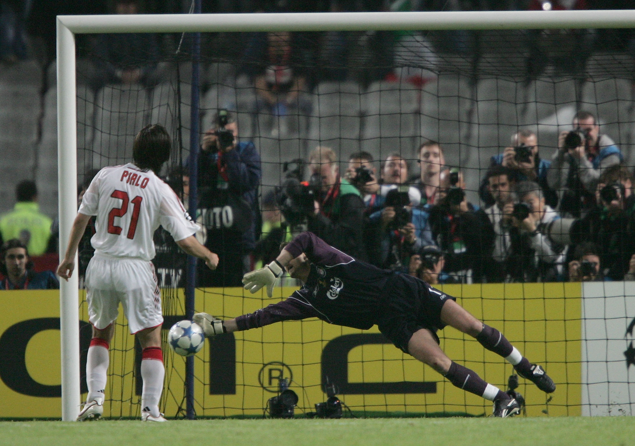ISTANBUL, TURKEY - MAY 25: Liverpool goalkeeper Jerzy Dudek of Poland saves a penalty during a penalty shoot out during the European Champions League final between Liverpool and AC Milan on May 25, 2005 at the Ataturk Olympic Stadium in Istanbul, Turkey.