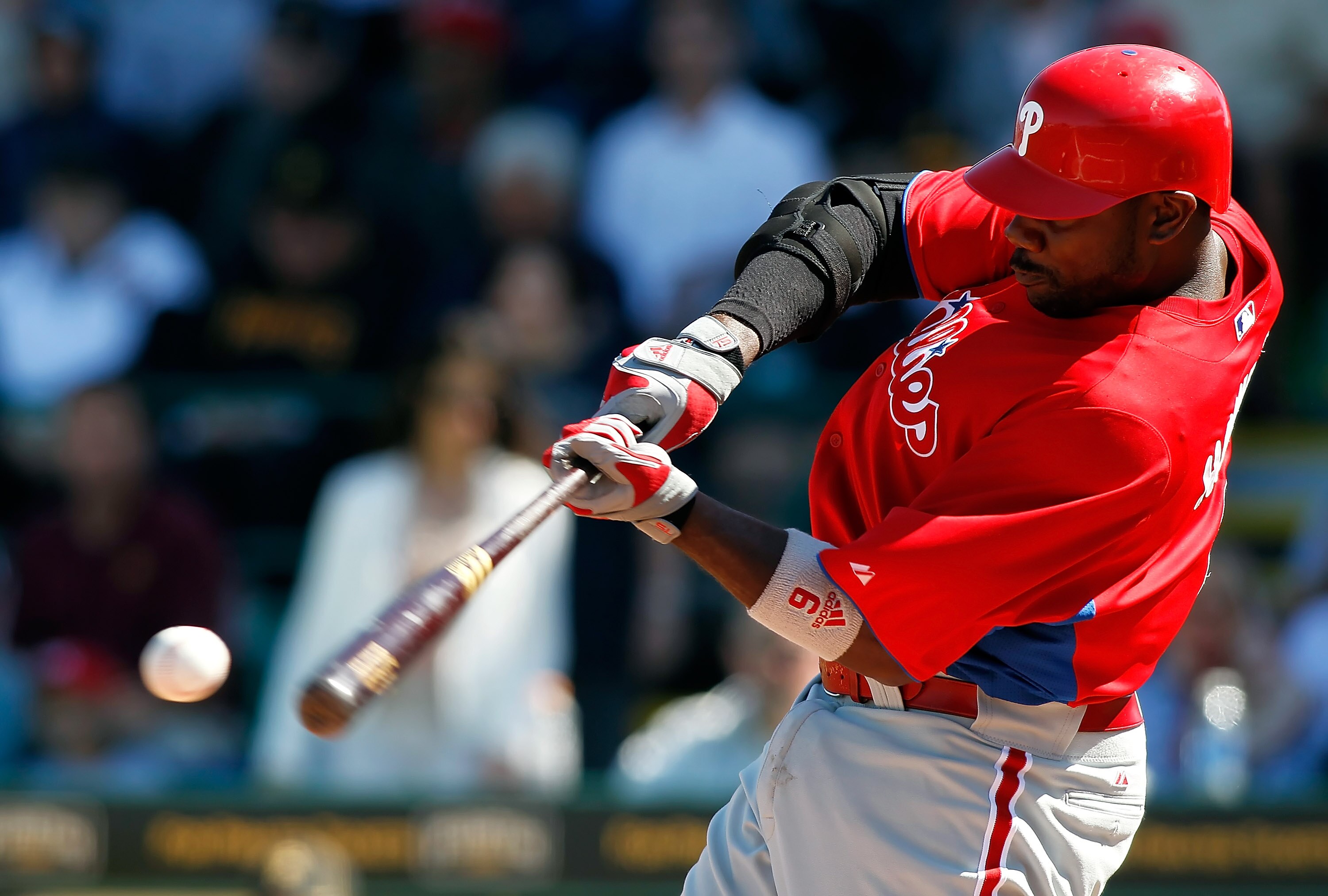 BRADENTON, FL - MARCH 12:  Infielder Ryan Howard #6 of the Philadelphia Phillies fouls off a pitch during a Grapefruit League Spring Training Game against the Pittsburgh Pirates at McKechnie Field on March 12, 2011 in Bradenton, Florida.  (Photo by J. Mer