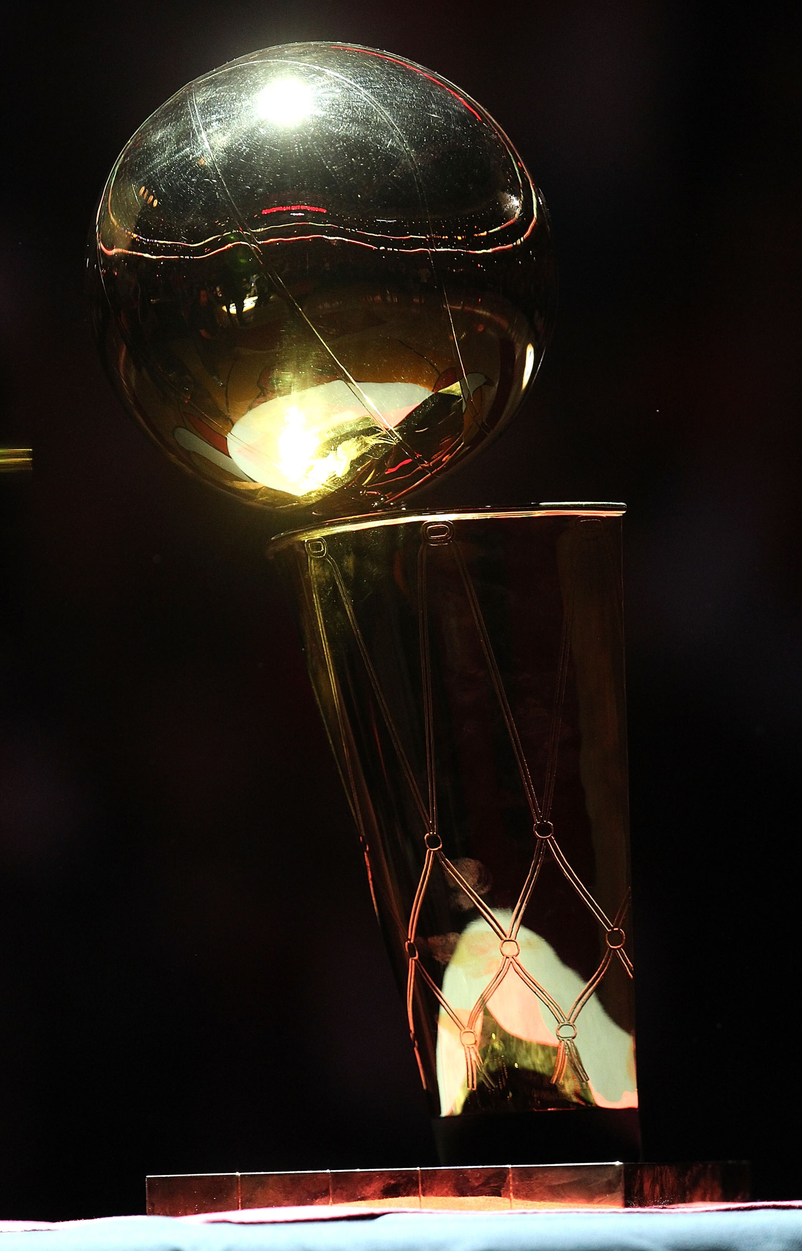 CHICAGO, IL - MARCH 12: The Chicago Bulls Championship trophy is on display during a 20th anniversary recognition ceremony of the 1st NBA Championship in 1991 during half-time of a game bewteen the Bulls and the Utah Jazz at the United Center on March 12,