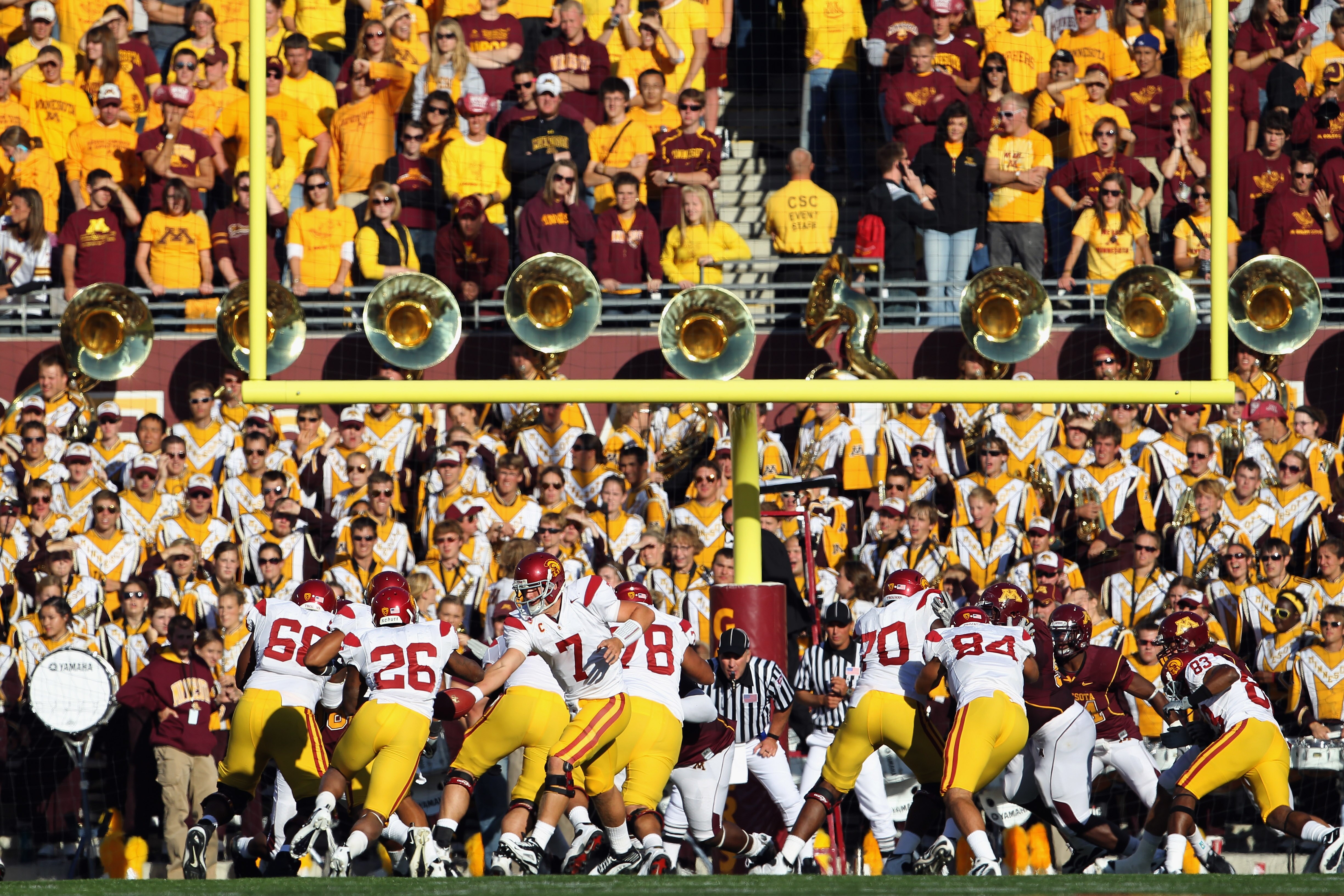 MINNEAPOLIS - SEPTEMBER 18:   Quarterback Matt Barkley #7 hands off during the game against the Minnesota Golden Gophers on September 18, 2010 at TCF Bank Stadium in Minneapolis, Minnesota.  (Photo by Jamie Squire/Getty Images)