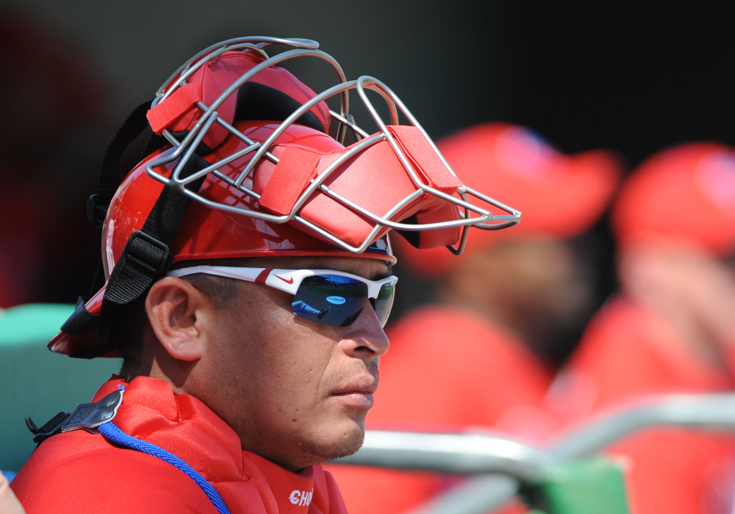 CLEARWATER, FL - FEBRUARY 24:  Catcher Carlos Ruiz #51 of the Philadelphia Phillies starts against the Florida State Seminoles February 24, 2011 at Bright House Field in Clearwater, Florida.  (Photo by Al Messerschmidt/Getty Images)