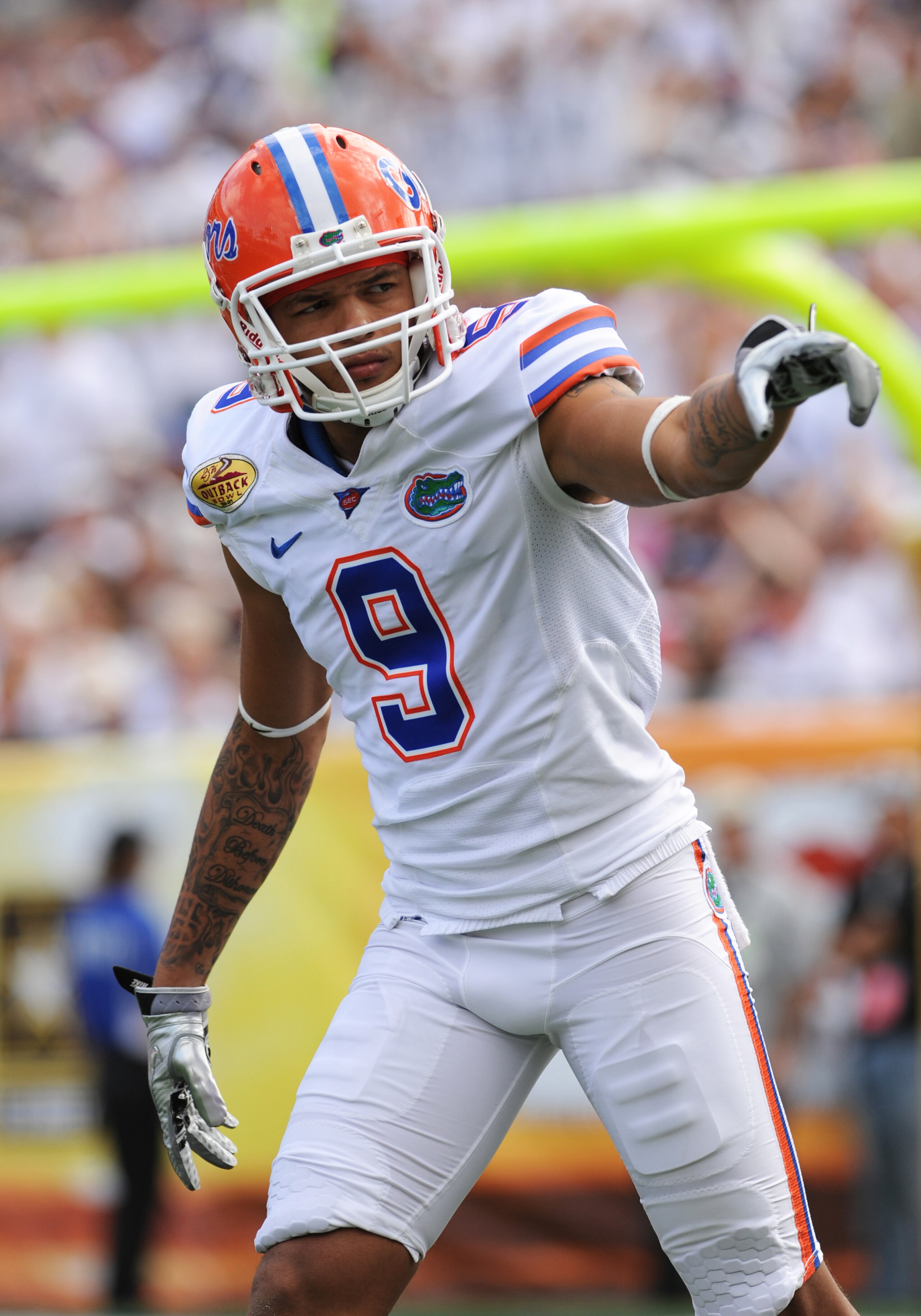 TAMPA, FL - JANUARY 1: Wide receiver Carl Moore #9 of the Florida Gators lines up for play against the Penn State Nittany Lions January 1, 2011 in the 25th Outback Bowl at Raymond James Stadium in Tampa, Florida. (Photo by Al Messerschmidt/Getty Images) TAMPA, FL - JANUARY 1: Wide receiver Carl Moore #9 of the Florida Gators lines up for play against the Penn State Nittany Lions January 1, 2011 in the 25th Outback Bowl at Raymond James Stadium in Tampa, Florida. (Photo by Al Messerschmidt/Getty Images)