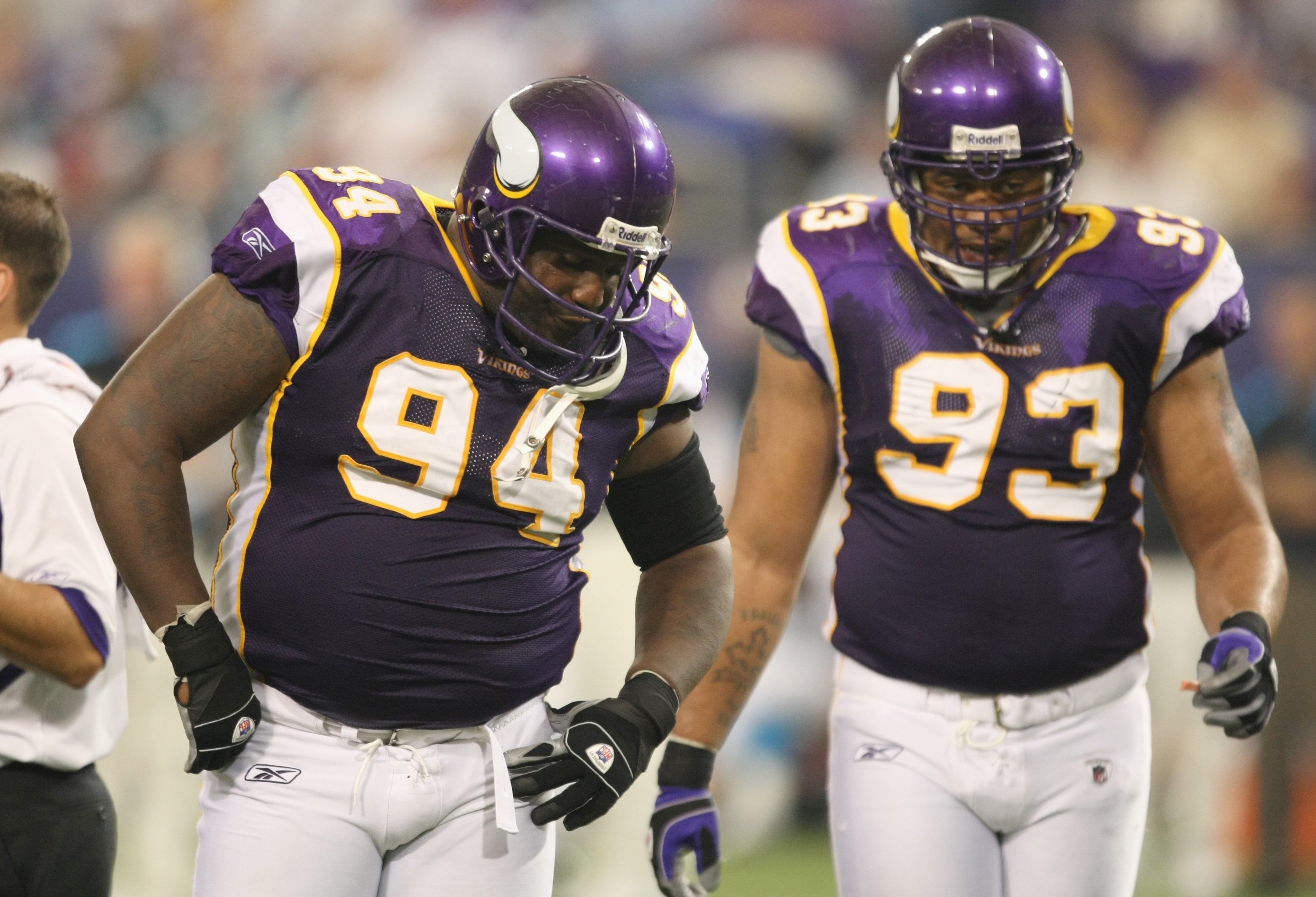 MINNEAPOLIS - SEPTEMBER 21:  Pat Williams #94 and Kevin Williams #93 of the Minnesota Vikings look on against the Carolina Panthers during their NFL game at the Hubert H. Humphrey Metrodome on September 21, 2008 in Minneapolis, Minnesota. The Vikings defe