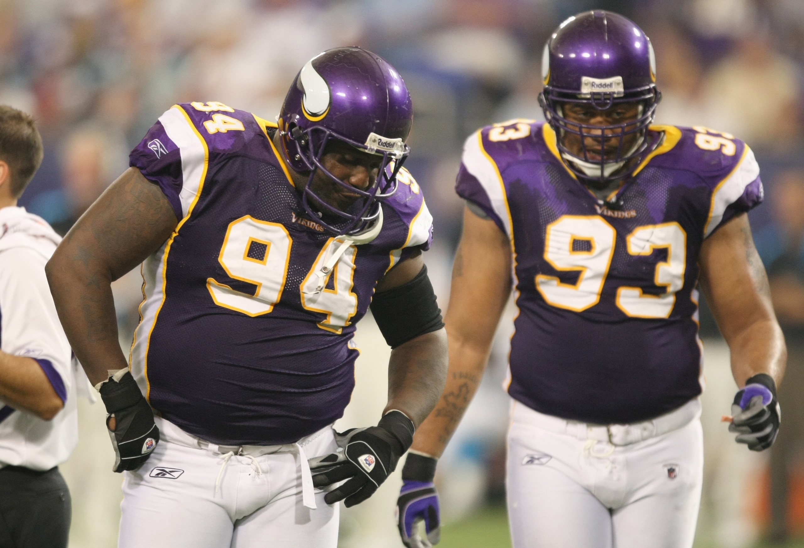 MINNEAPOLIS - SEPTEMBER 21: Pat Williams #94 and Kevin Williams #93 of the Minnesota Vikings look on against the Carolina Panthers during their NFL game at the Hubert H. Humphrey Metrodome on September 21, 2008 in Minneapolis, Minnesota. The Vikings defe MINNEAPOLIS - SEPTEMBER 21: Pat Williams #94 and Kevin Williams #93 of the Minnesota Vikings look on against the Carolina Panthers during their NFL game at the Hubert H. Humphrey Metrodome on September 21, 2008 in Minneapolis, Minnesota. The Vikings defe