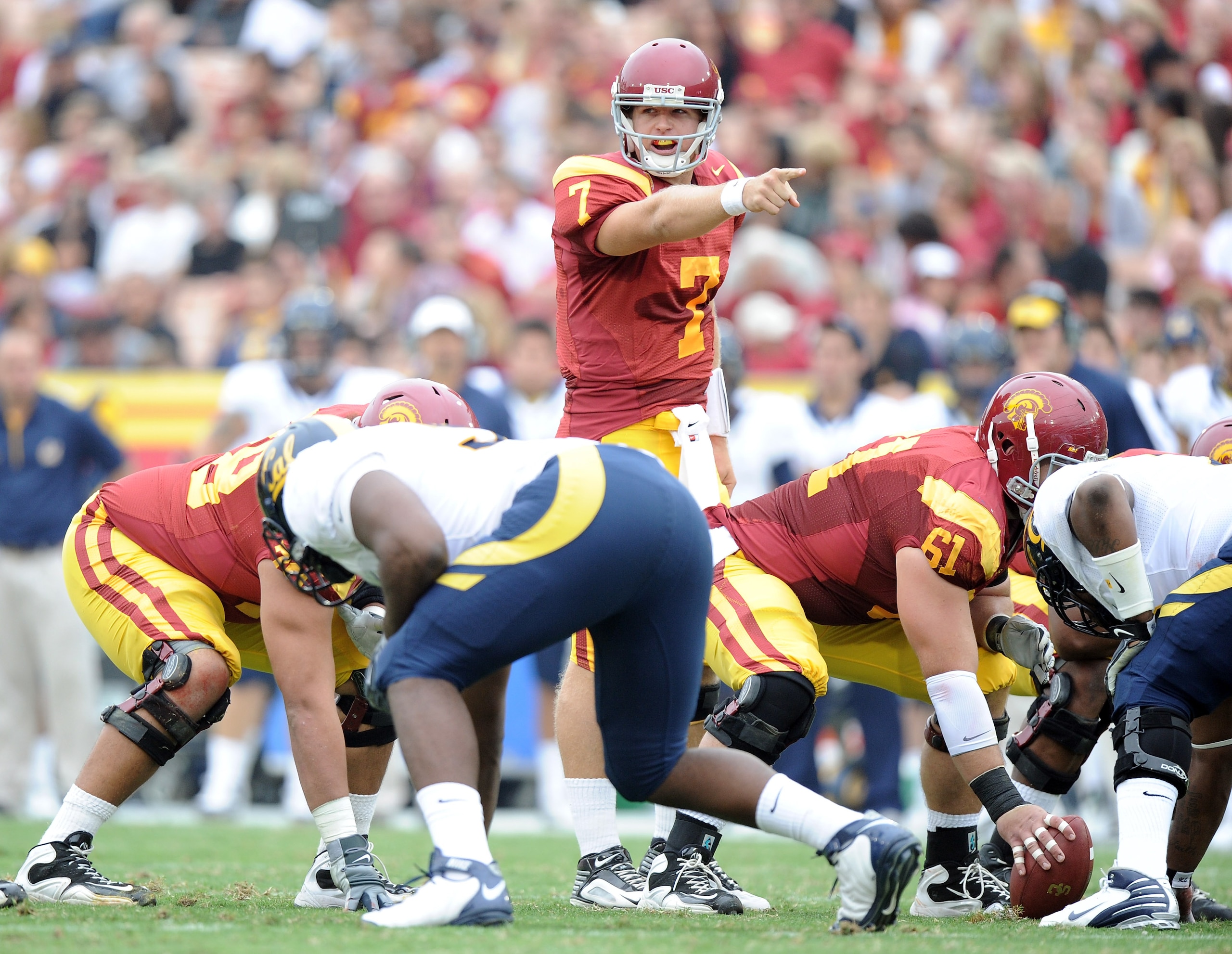 LOS ANGELES, CA - OCTOBER 16:  Matt Barkley #7 of the USC Trojans reacts at the line during the game against the California Golden Bears at Los Angeles Memorial Coliseum on October 16, 2010 in Los Angeles, California.  (Photo by Harry How/Getty Images)
