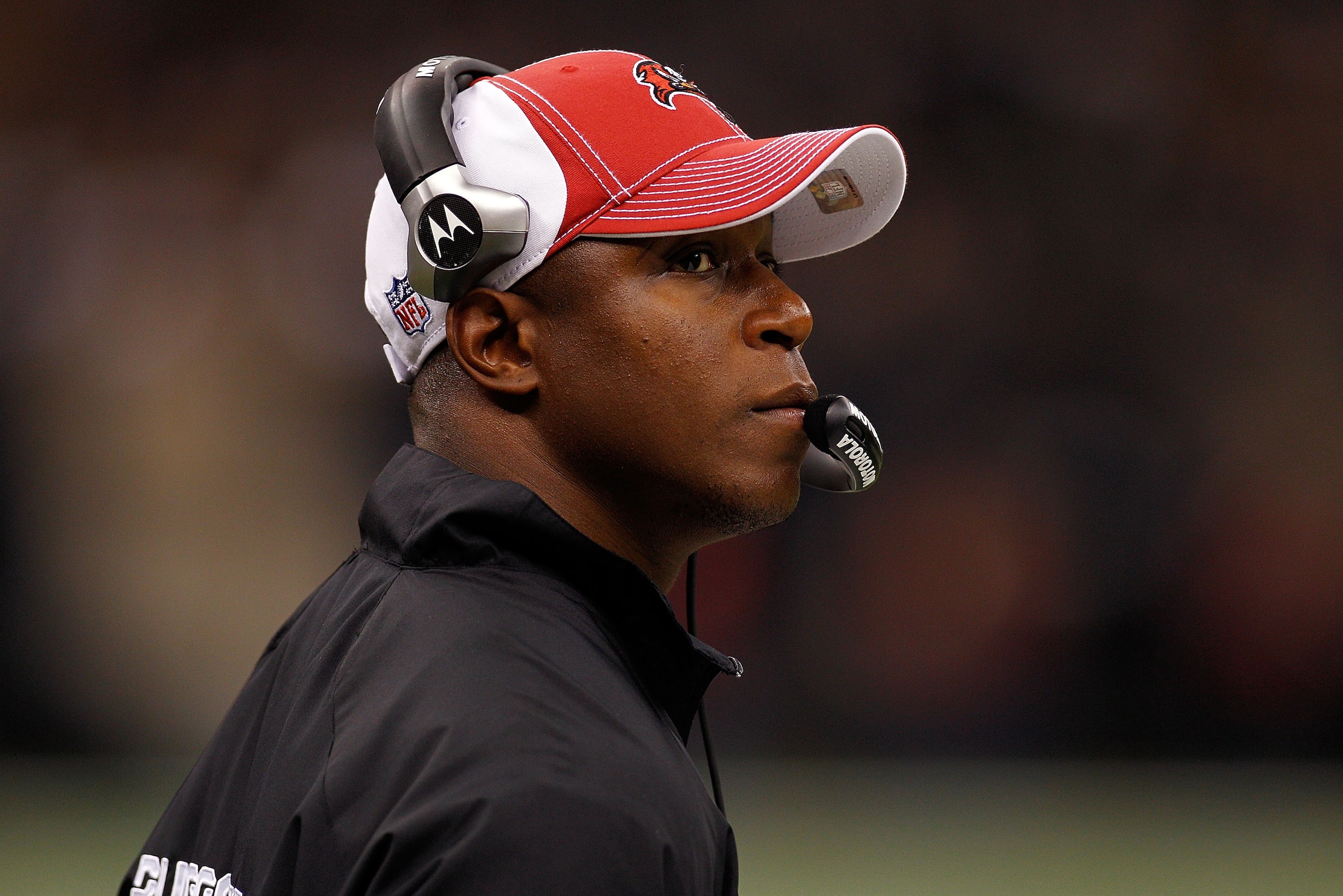 NEW ORLEANS, LA - JANUARY 02: Head coach Raheem Morris of the Tampa Bay Buccaneers watches a play during the game against the New Orleans Saints at the Louisiana Superdome on January 2, 2011 in New Orleans, Louisiana. The Buccaneers defeated the Saints NEW ORLEANS, LA - JANUARY 02: Head coach Raheem Morris of the Tampa Bay Buccaneers watches a play during the game against the New Orleans Saints at the Louisiana Superdome on January 2, 2011 in New Orleans, Louisiana. The Buccaneers defeated the Saints