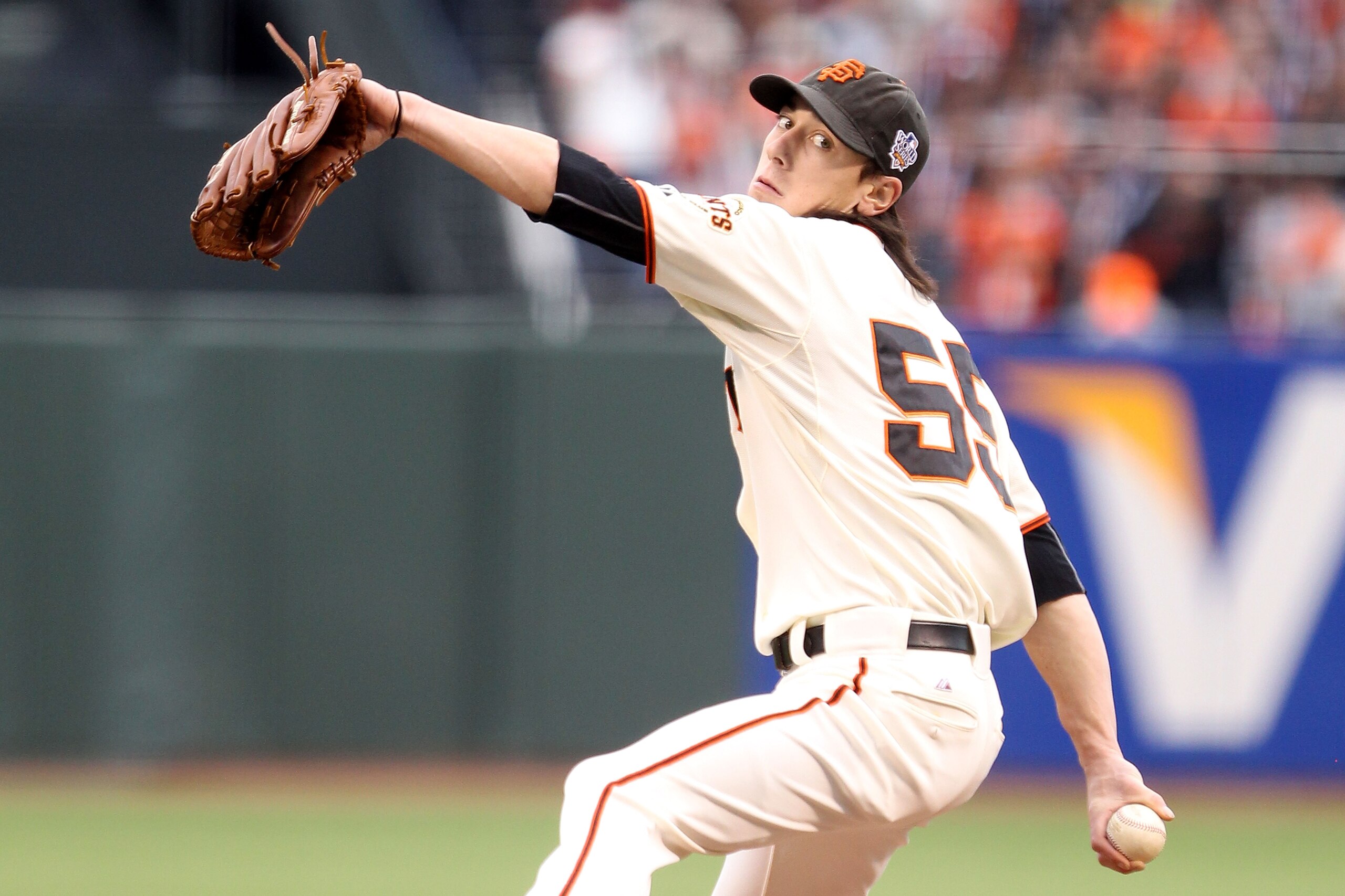 SAN FRANCISCO - OCTOBER 27:  Tim Lincecum #55 of the San Francisco Giants pitches against the Texas Rangers in Game One of the 2010 MLB World Series at AT&T Park on October 27, 2010 in San Francisco, California.  (Photo by Ezra Shaw/Getty Images)