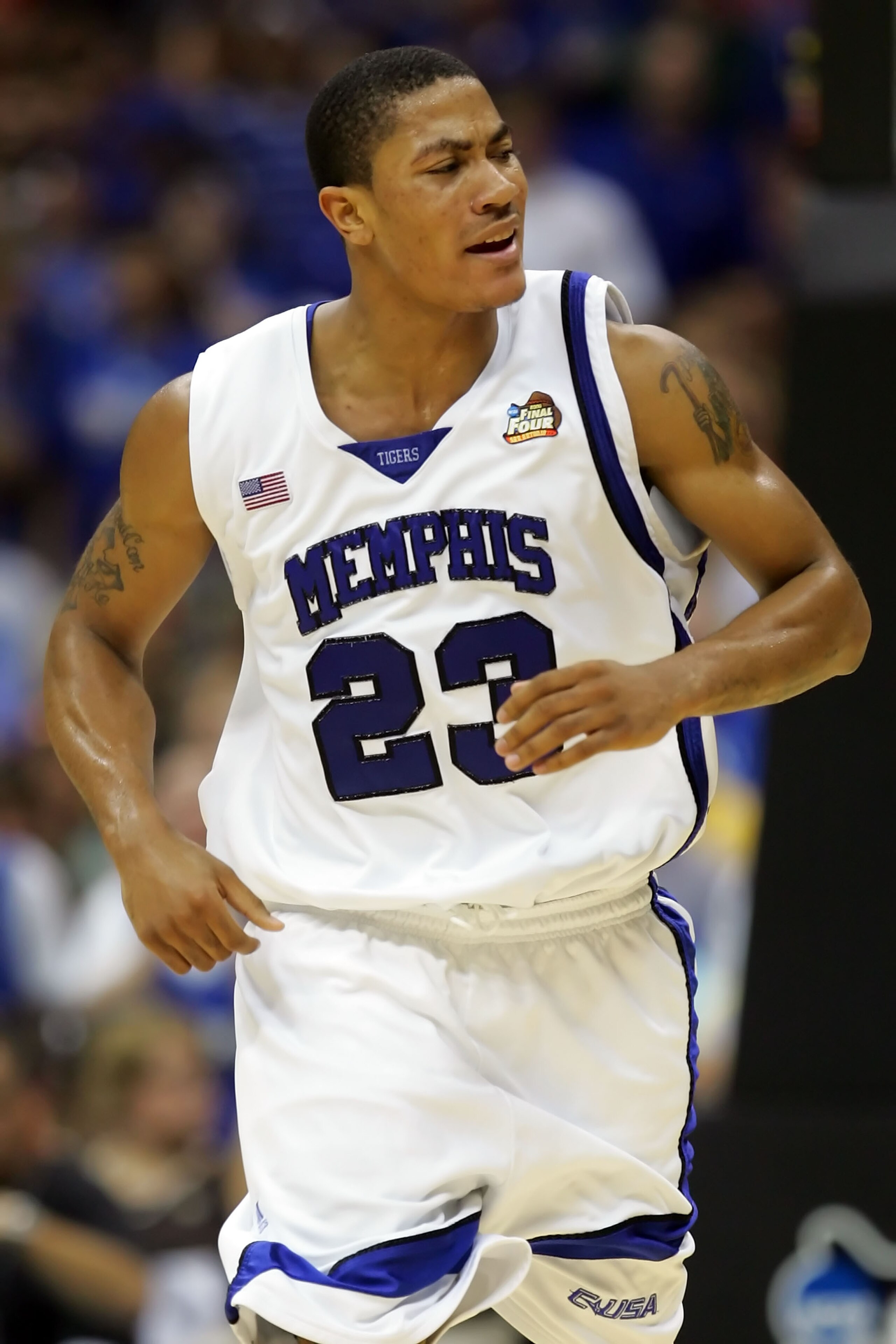 SAN ANTONIO - APRIL 07:  Derrick Rose #23 of the Memphis Tigers reacts in the second half against the Kansas Jayhawks during the 2008 NCAA Men's National Championship game at the Alamodome on April 7, 2008 in San Antonio, Texas.  (Photo by Ronald Martinez