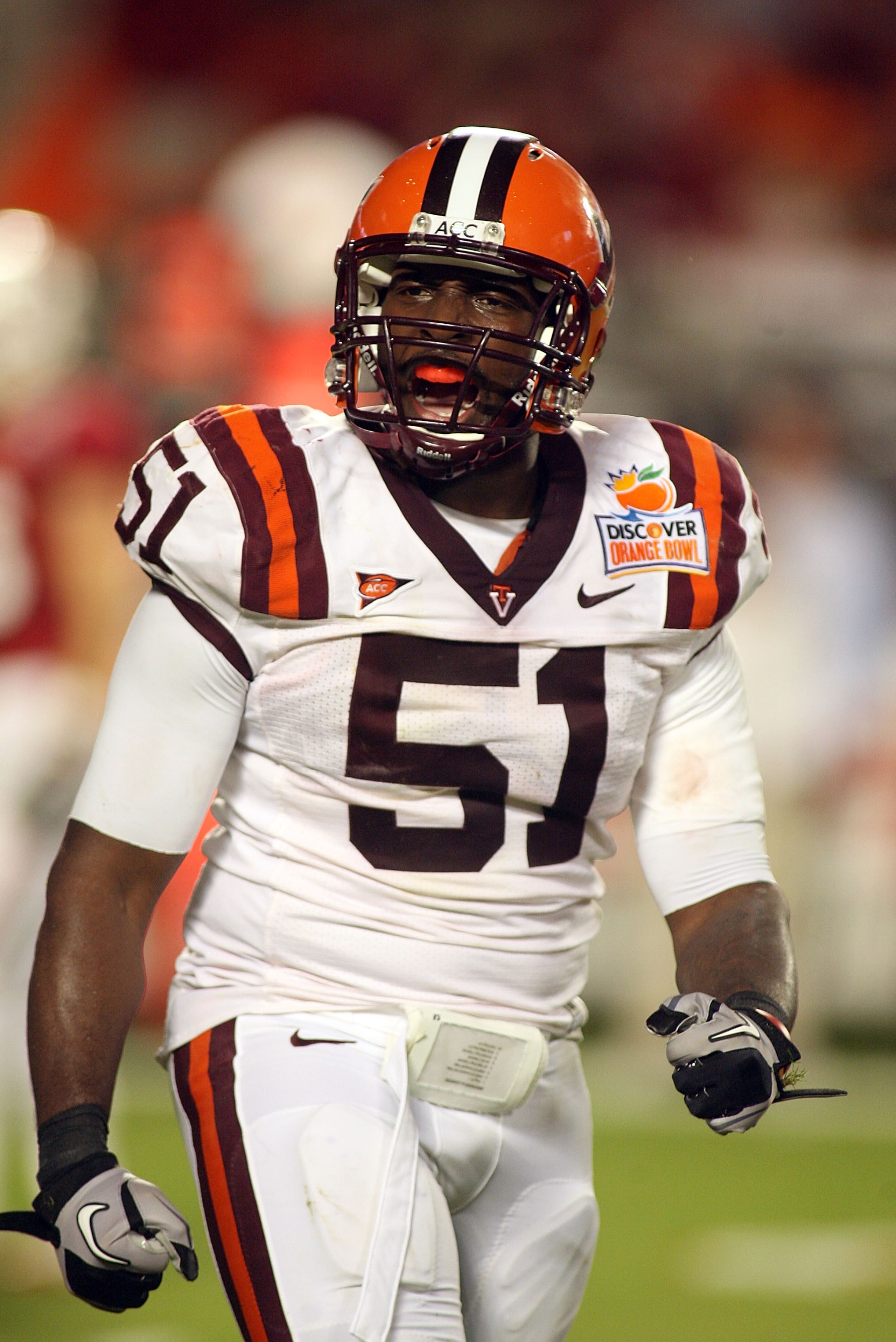MIAMI, FL - JANUARY 03:  Bruce Taylor #51 of the Virginia Tech Hokies reacts against the Stanford Cardinal during the 2011 Discover Orange Bowl at Sun Life Stadium on January 3, 2011 in Miami, Florida. Stanford won 40-12. (Photo by Marc Serota/Getty Image