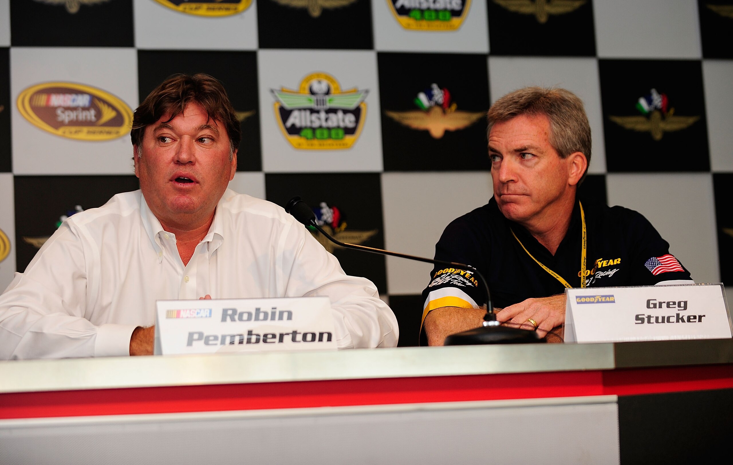 INDIANAPOLIS - JULY 27:  (L-R) NASCAR Vice President of Competition Robin Pemberton and Greg Stucker of Goodyear meet with the media to discuss the wearing issues of the Goodyear tires prior to  the NASCAR Sprint Cup Series Allstate 400 at the Brickyard a