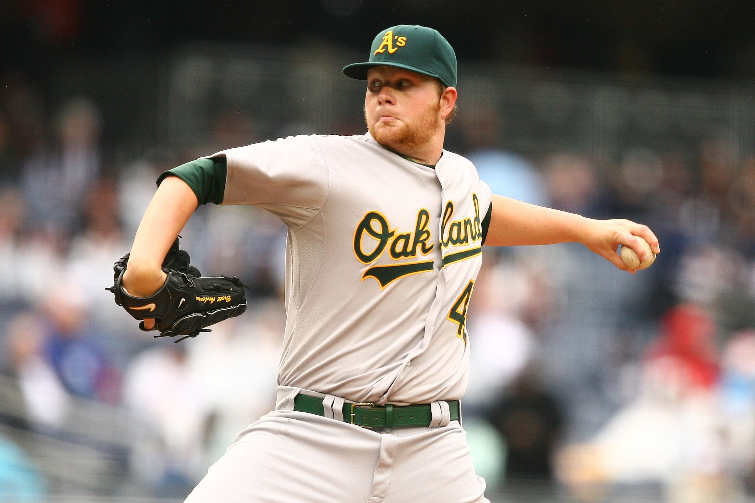 NEW YORK - APRIL 22:  Brett Anderson #49 of The Oakland Athletics pitches against The New York Yankees during their game on April 22, 2009 at Yankee Stadium in the Bronx Borough of New York.  (Photo by Al Bello/Getty Images)