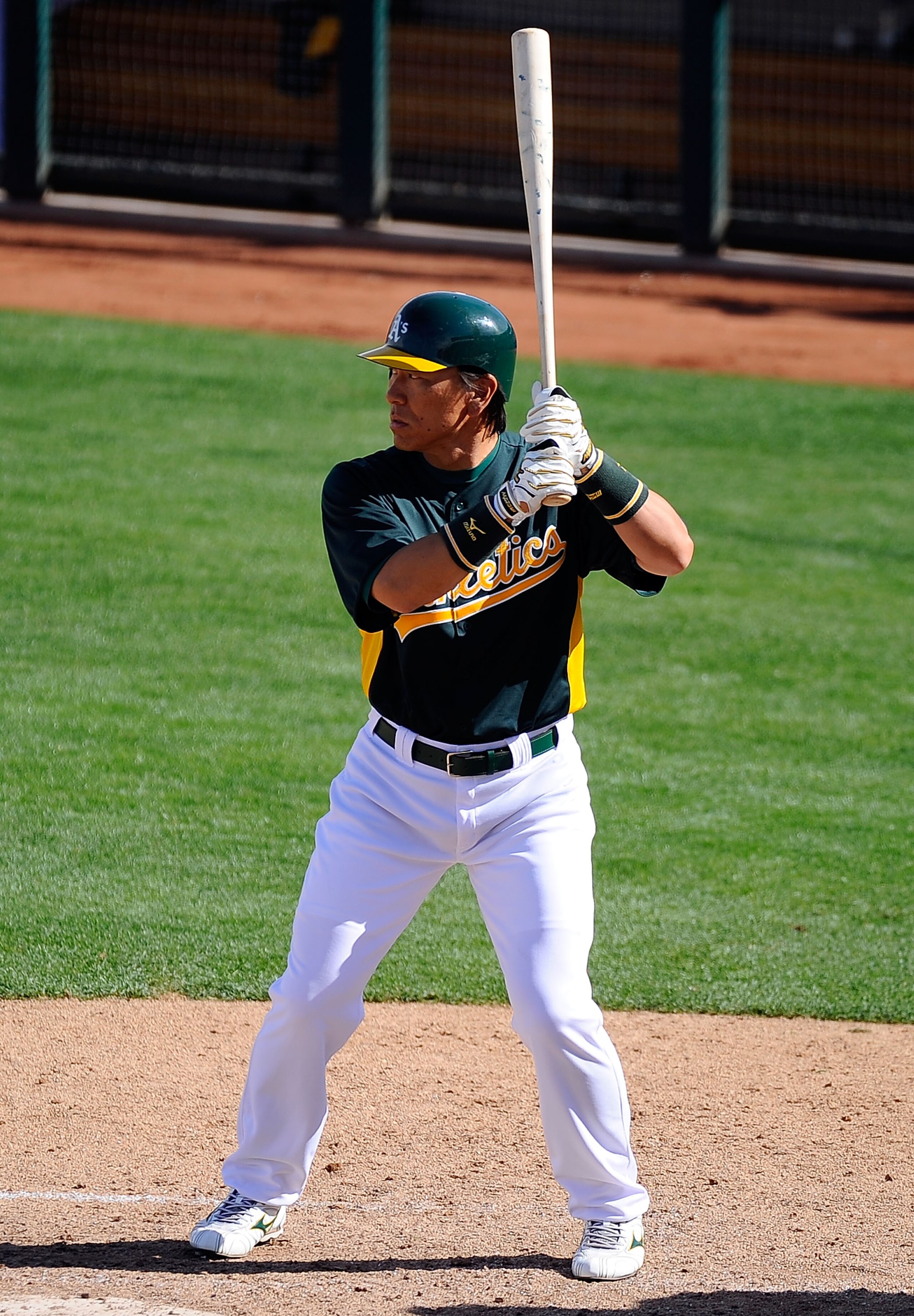 PHOENIX, AZ - MARCH 15:  Hideki Matsui #55 of the Oakland Athletics at bat against the Chicago Cubs during the spring training baseball game at Phoenix Municipal Stadium on March 15, 2011 in Phoenix, Arizona.  (Photo by Kevork Djansezian/Getty Images)