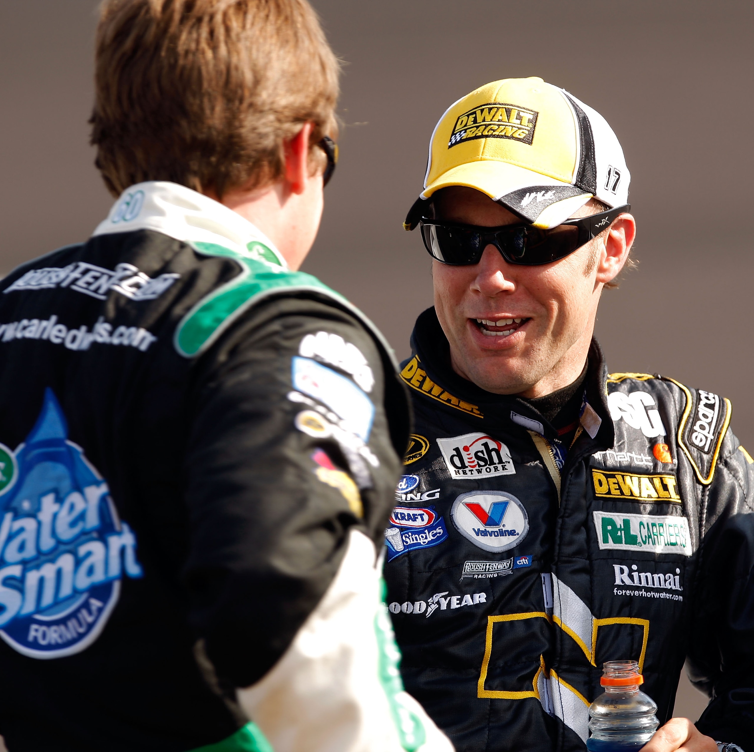 DARLINGTON, SC - MAY 09: Matt Kenseth (R), driver of the #17 DeWalt NANO Ford, talks with Carl Edwards (R), driver of the #60 Scotts Water Smart Ford, during qualifying for the NASCAR Sprint Cup Series Dodge Challenger 500 on May 9, 2008 at Darlington Rac