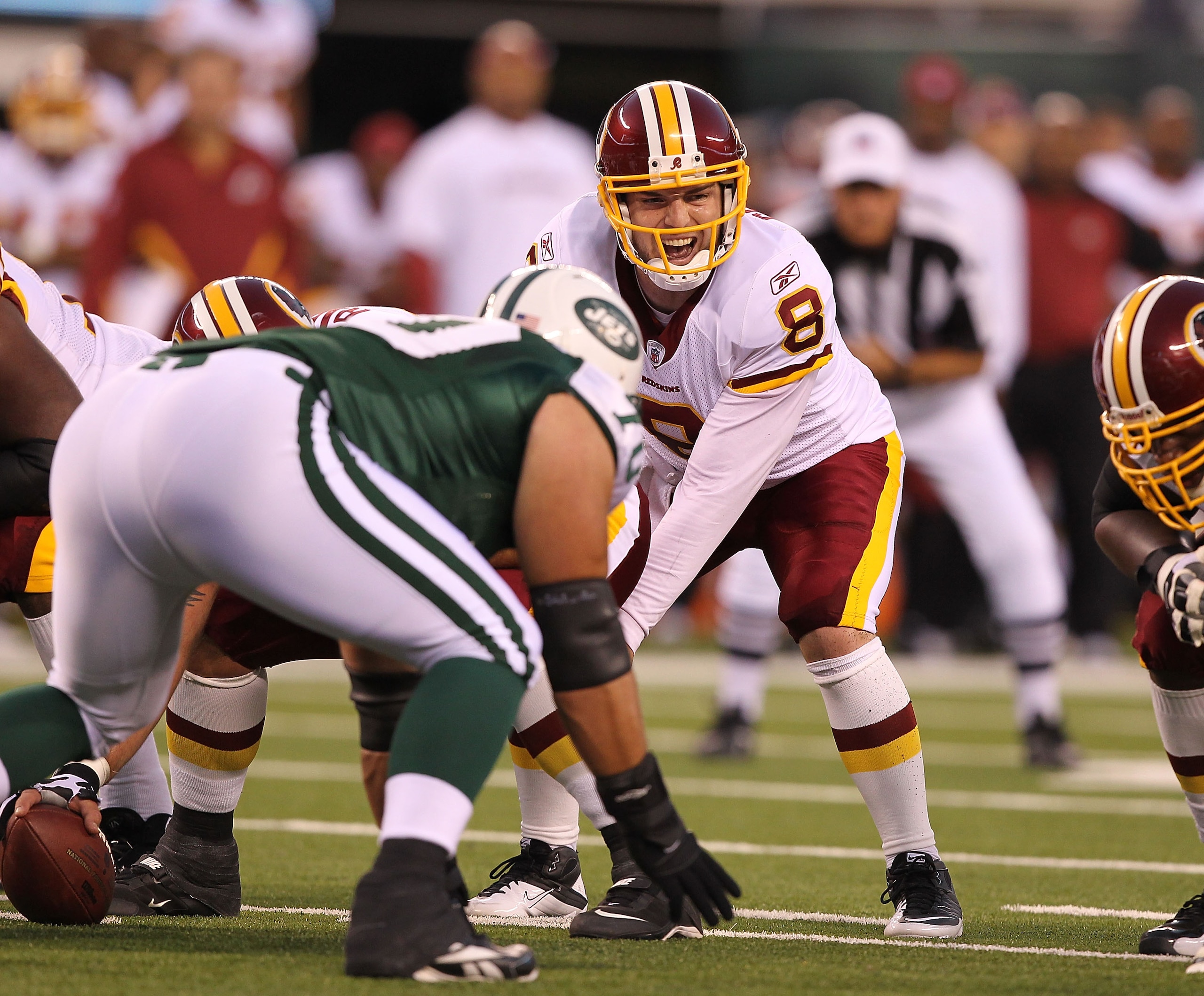 EAST RUTHERFORD, NJ - AUGUST 27:  Rex Grossman #8  of the Washington Redskins in action against  the New York Jets during their preseason game on August 27, 2010 at the New Meadowlands Stadium  in East Rutherford, New Jersey.  (Photo by Al Bello/Getty Ima