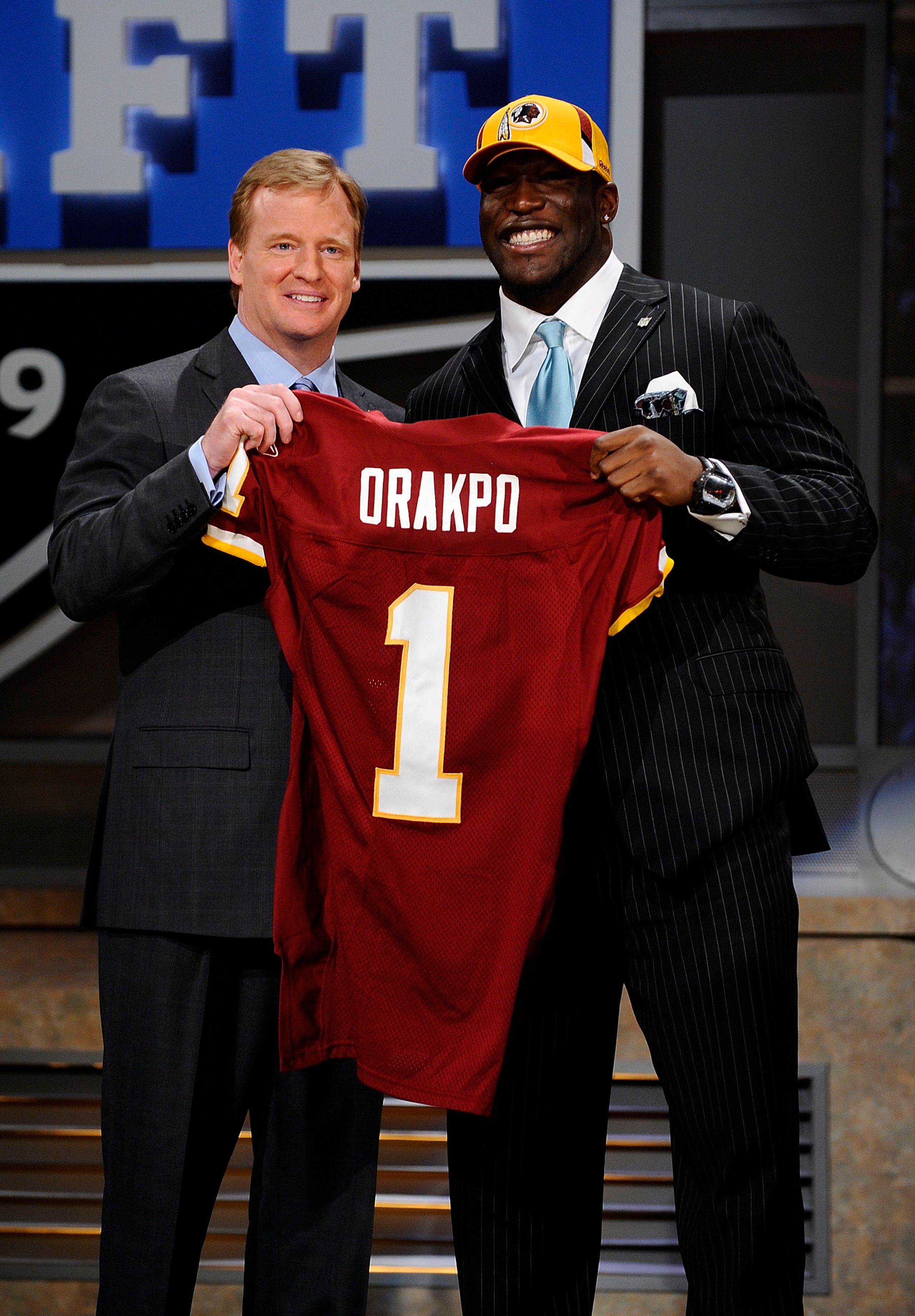 NEW YORK - APRIL 25:  NFL Commissioner Roger Goodell poses with with Washington Redskins #13 draft pick Brian Orakpo at Radio City Music Hall for the 2009 NFL Draft on April 25, 2009 in New York City  (Photo by Jeff Zelevansky/Getty Images)